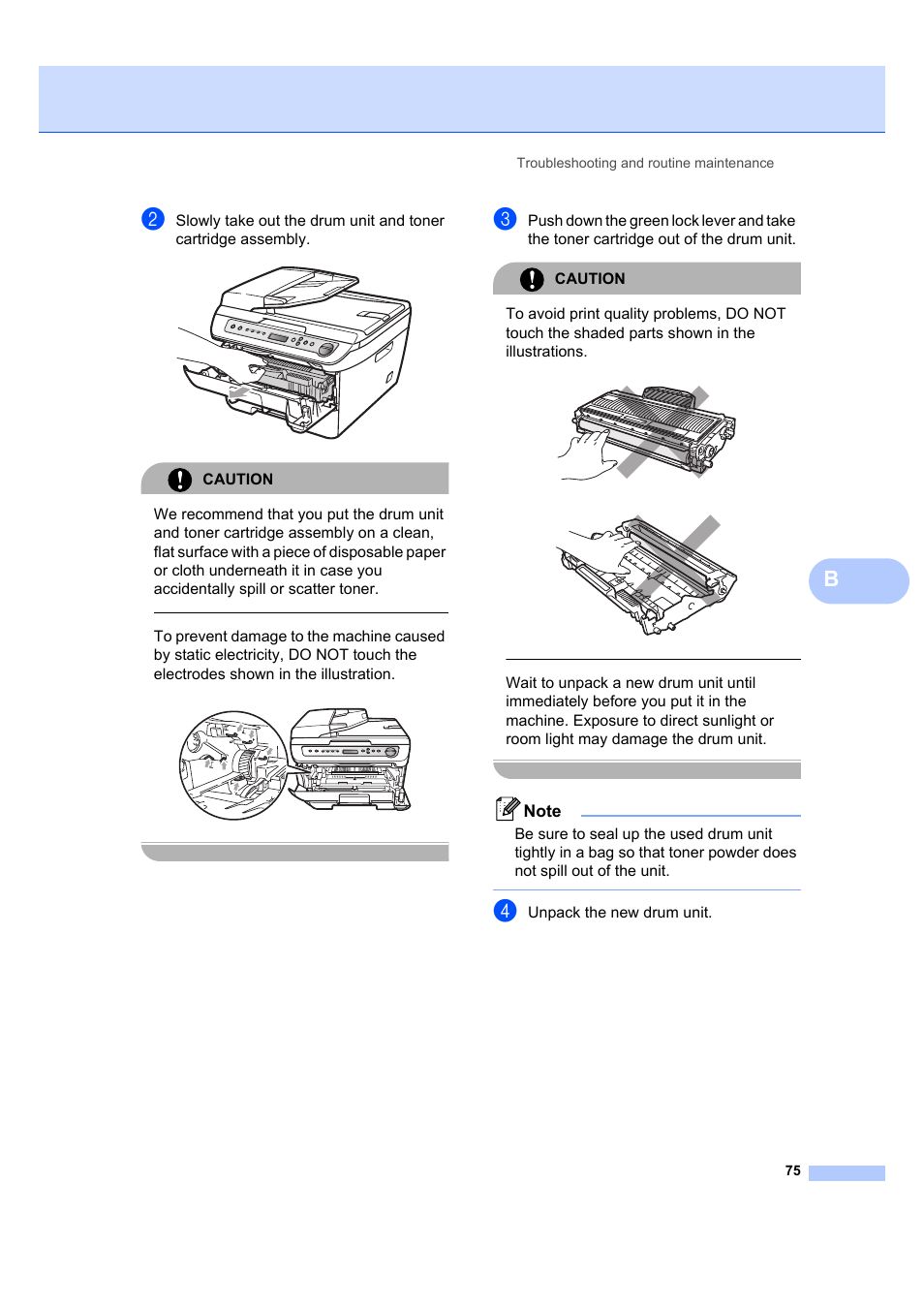 Caution, Unpack the new drum unit | Brother DCP-7040 User Manual | Page 87 / 108