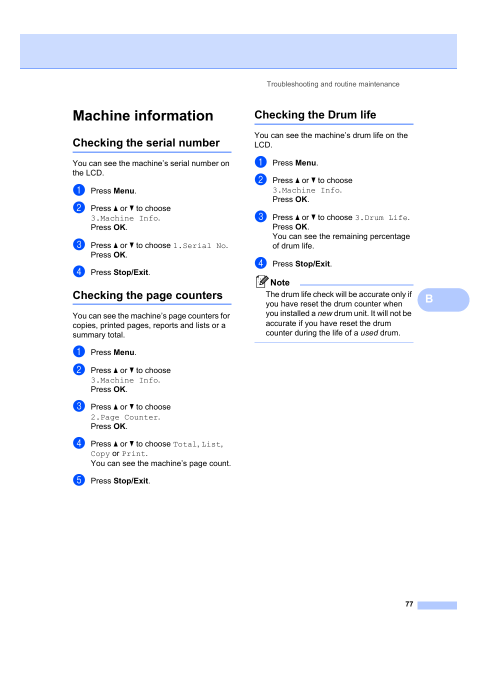 Machine information, Checking the serial number, Checking the drum life | Checking the page counters | Brother DCP-7040 User Manual | Page 89 / 108