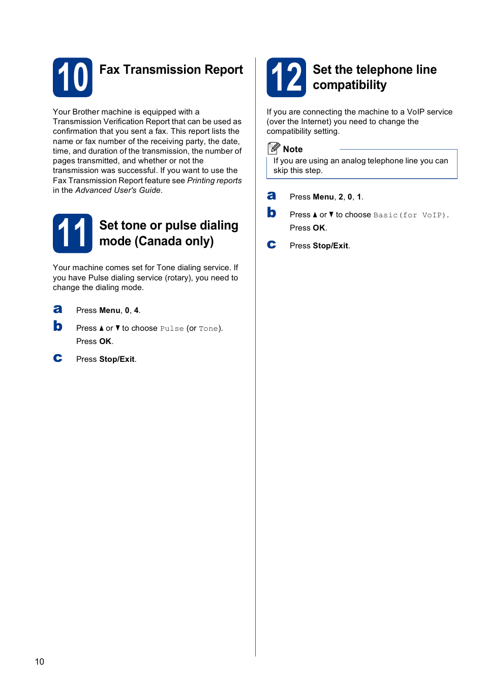 10 fax transmission report, 11 set tone or pulse dialing mode (canada only), 12 set the telephone line compatibility | Brother MFC 9560CDW User Manual | Page 10 / 38