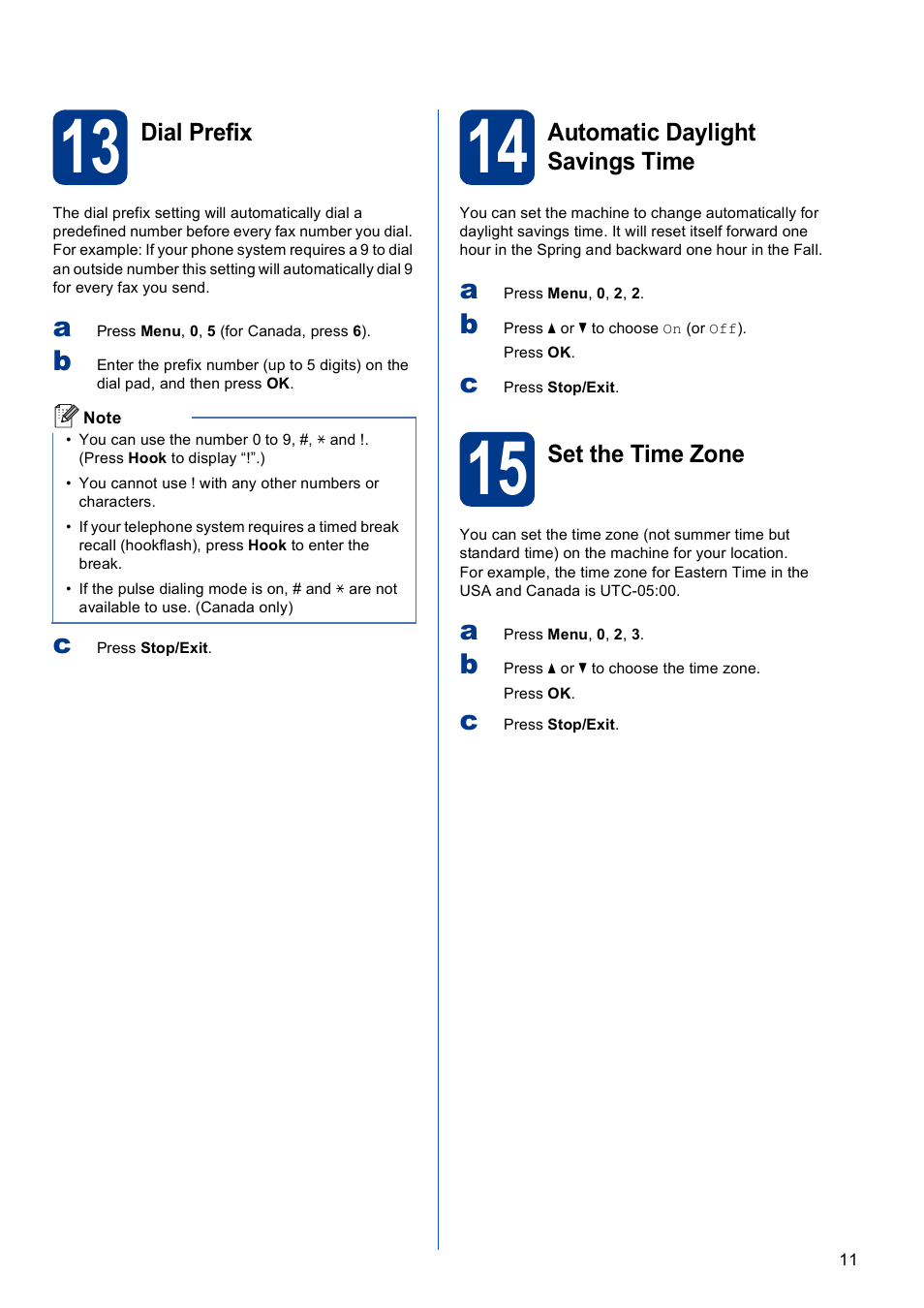 13 dial prefix, 14 automatic daylight savings time, 15 set the time zone | Brother MFC 9560CDW User Manual | Page 11 / 38