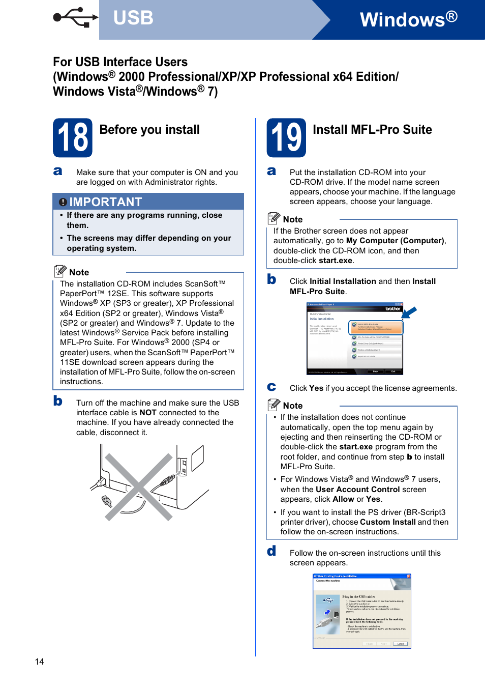 18 before you install, 19 install mfl-pro suite, Windows | For usb interface users (windows, Before you install, Install mfl-pro suite | Brother MFC 9560CDW User Manual | Page 14 / 38