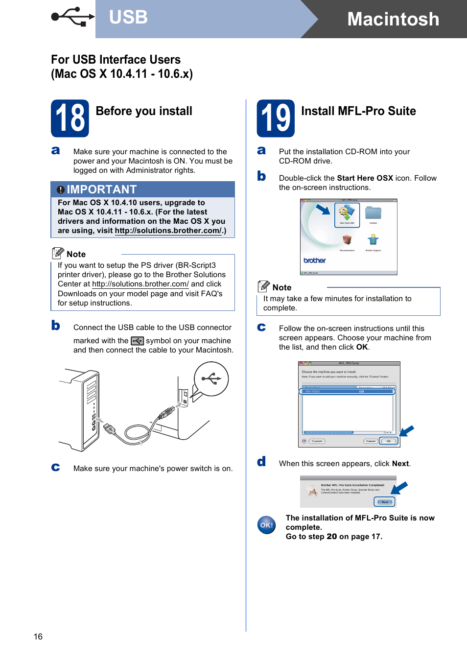 18 before you install, 19 install mfl-pro suite, Macintosh usb | Brother MFC 9560CDW User Manual | Page 16 / 38