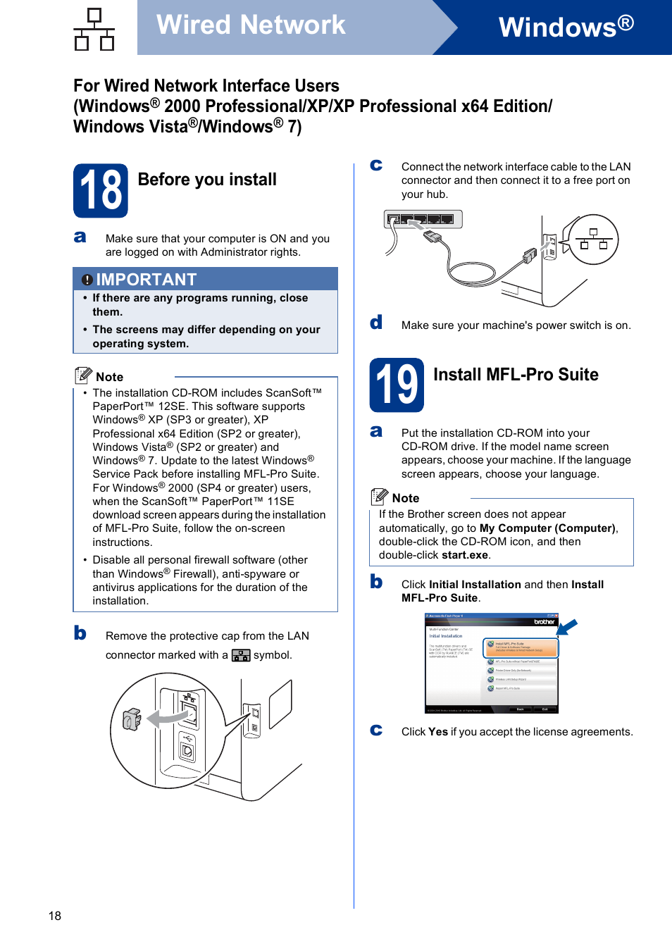 18 before you install, 19 install mfl-pro suite, Windows | Wired network, For wired network interface users (windows, Before you install, Install mfl-pro suite | Brother MFC 9560CDW User Manual | Page 18 / 38