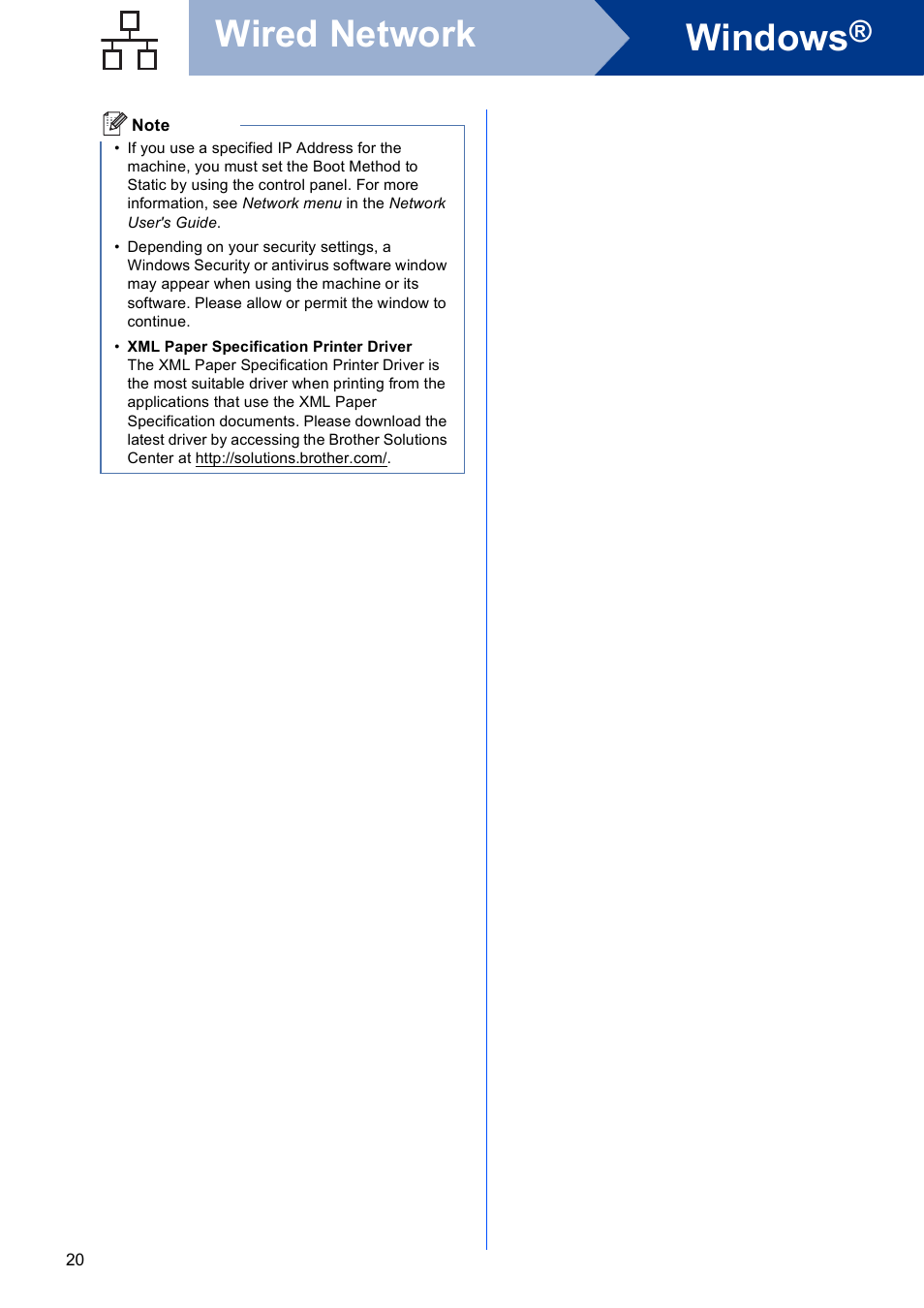 Windows, Wired network | Brother MFC 9560CDW User Manual | Page 20 / 38