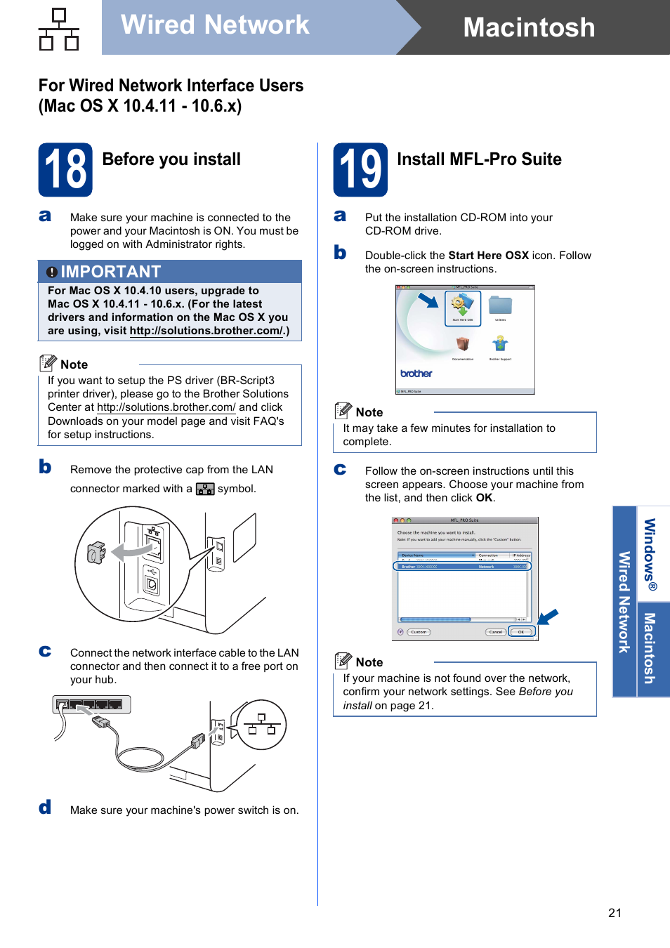 18 before you install, 19 install mfl-pro suite, Macintosh wired network | Brother MFC 9560CDW User Manual | Page 21 / 38