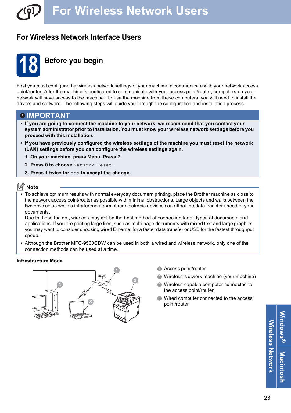 For wireless network interface users, 18 before you begin, For wireless network users | Before you begin, Important | Brother MFC 9560CDW User Manual | Page 23 / 38