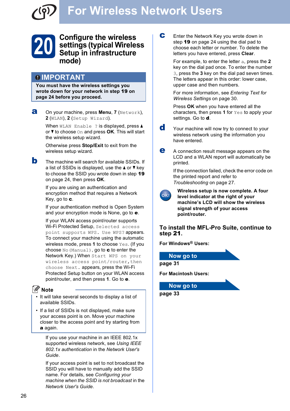 For wireless network users, Important | Brother MFC 9560CDW User Manual | Page 26 / 38