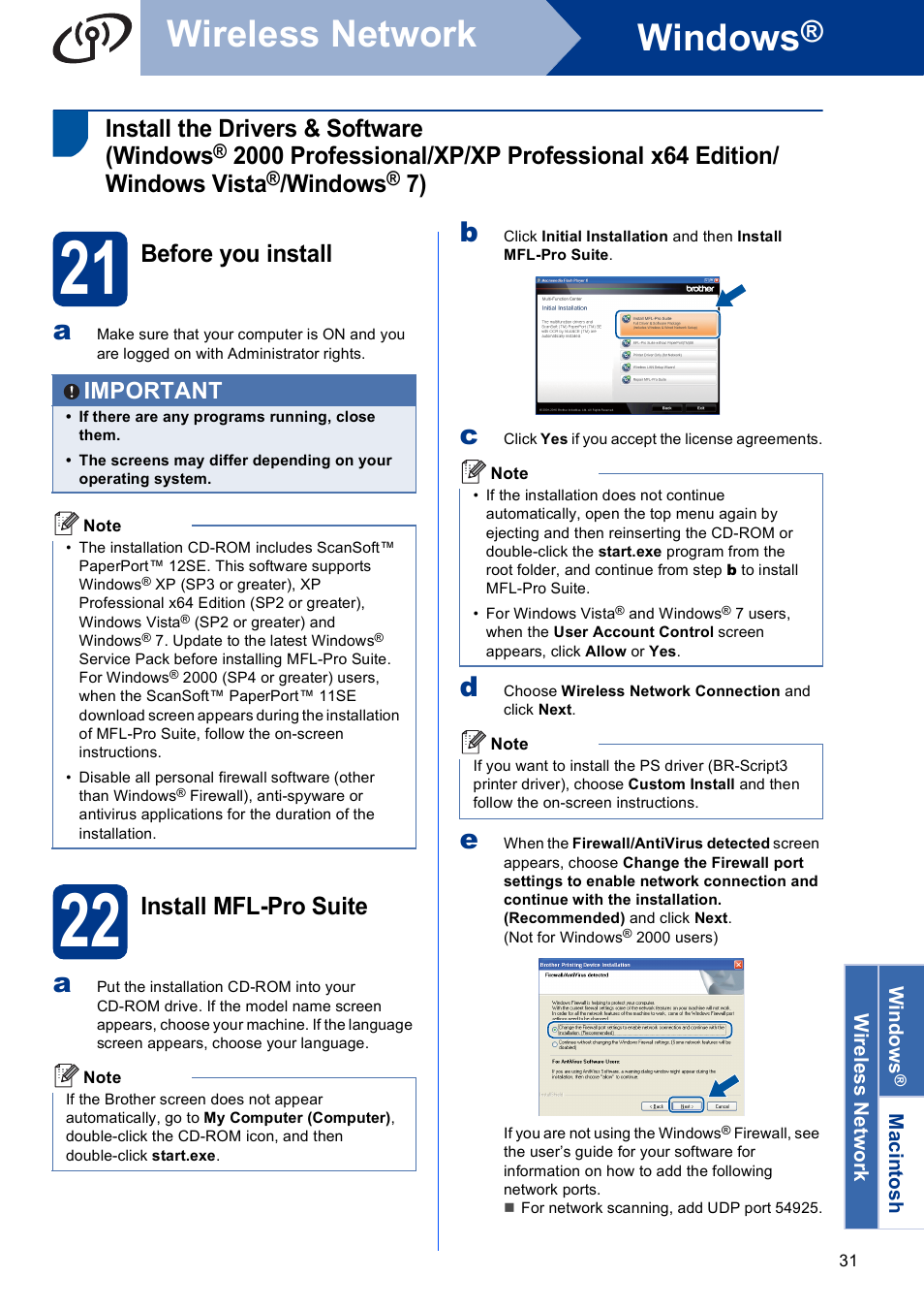 21 before you install, 22 install mfl-pro suite, Windows | Wireless network, Install the drivers & software (windows, Before you install, Install mfl-pro suite, Important | Brother MFC 9560CDW User Manual | Page 31 / 38