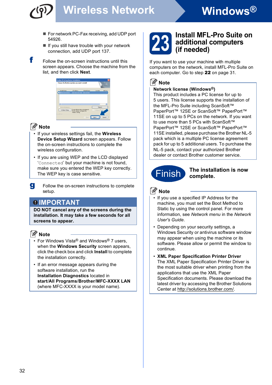 Windows, Wireless network, Finish | Important | Brother MFC 9560CDW User Manual | Page 32 / 38