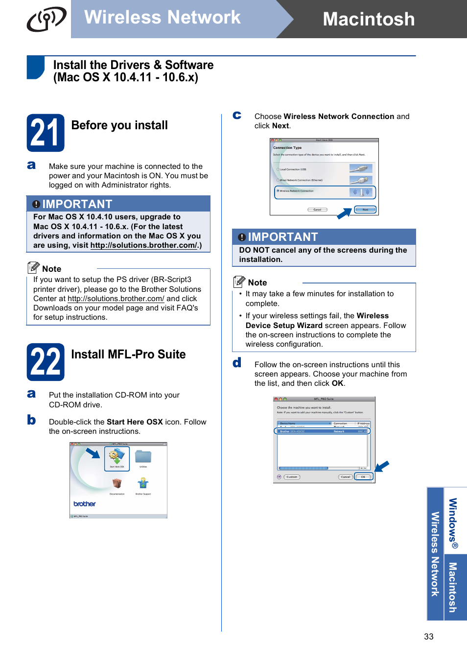 21 before you install, 22 install mfl-pro suite, Macintosh wireless network | Brother MFC 9560CDW User Manual | Page 33 / 38