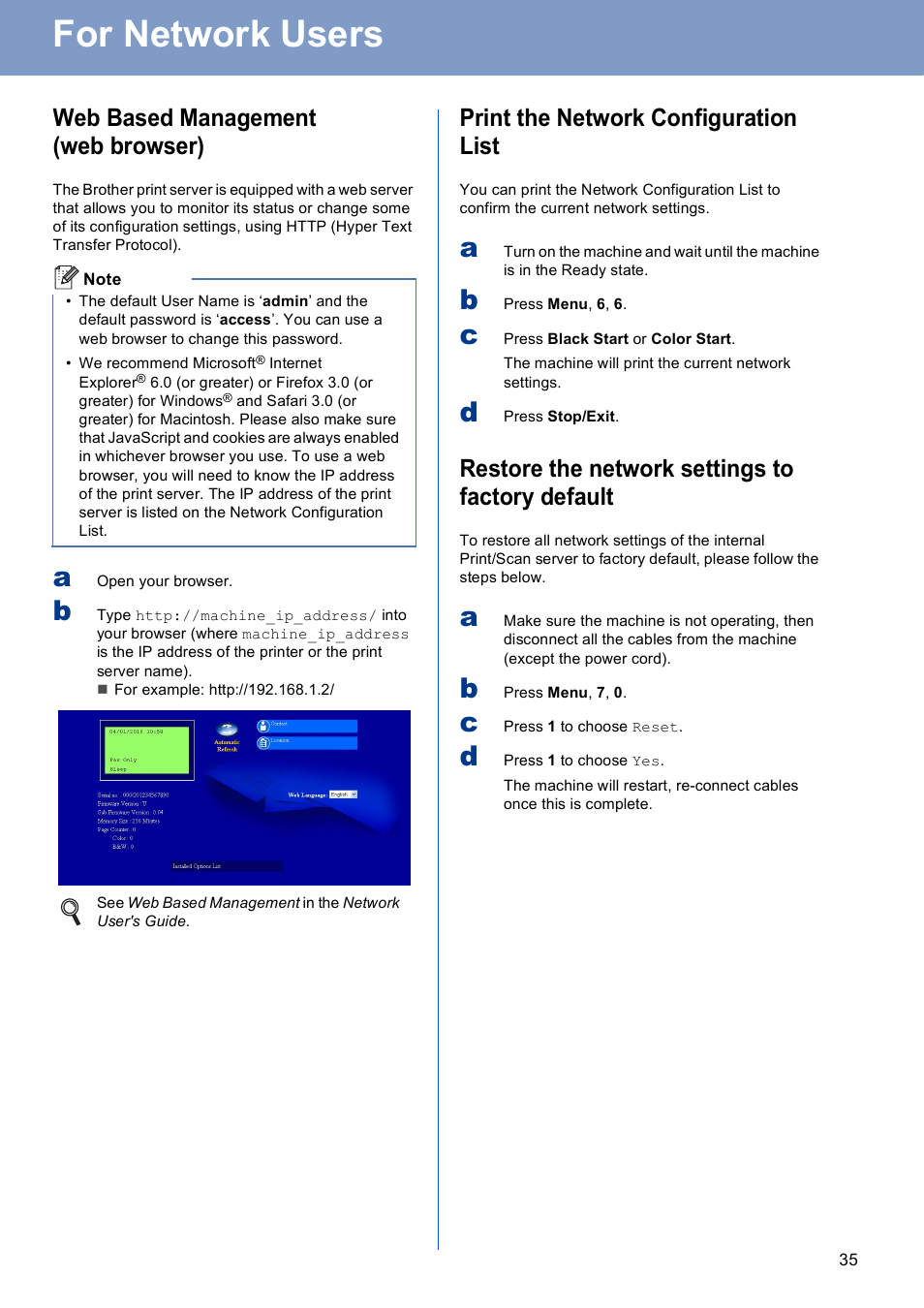 For network users, Web based management (web browser), Print the network configuration list | Restore the network settings to factory default | Brother MFC 9560CDW User Manual | Page 35 / 38