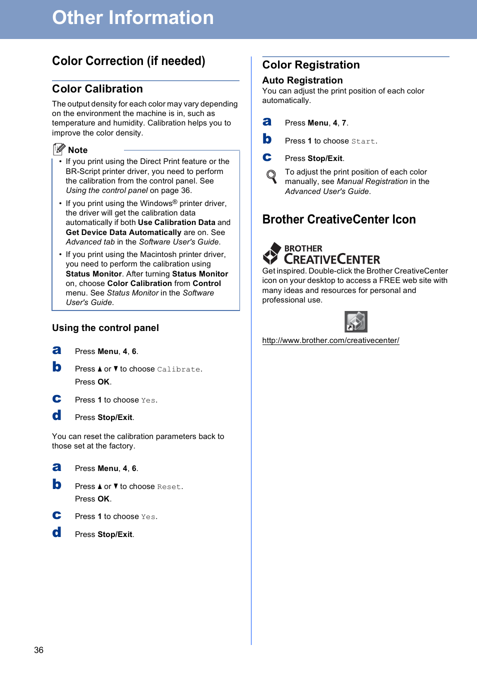 Other information, Color correction (if needed), Color calibration | Color registration, Brother creativecenter icon | Brother MFC 9560CDW User Manual | Page 36 / 38