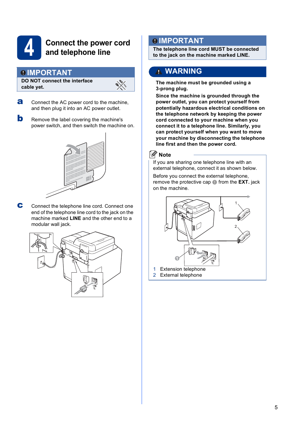 4 connect the power cord and telephone line, Connect the power cord and telephone line, Warning | Important | Brother MFC 9560CDW User Manual | Page 5 / 38