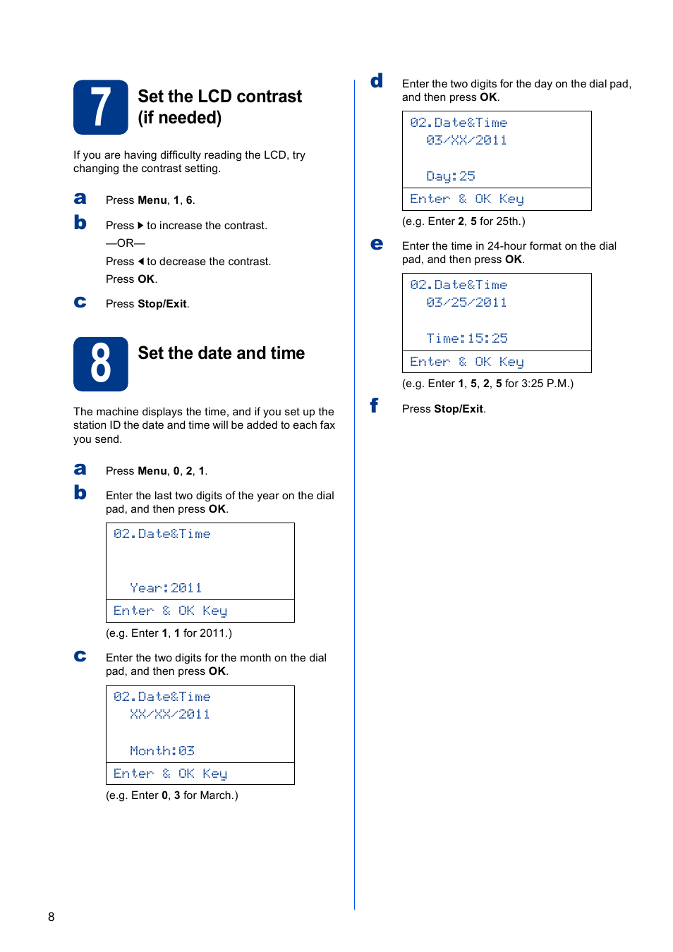 7 set the lcd contrast (if needed), 8 set the date and time | Brother MFC 9560CDW User Manual | Page 8 / 38