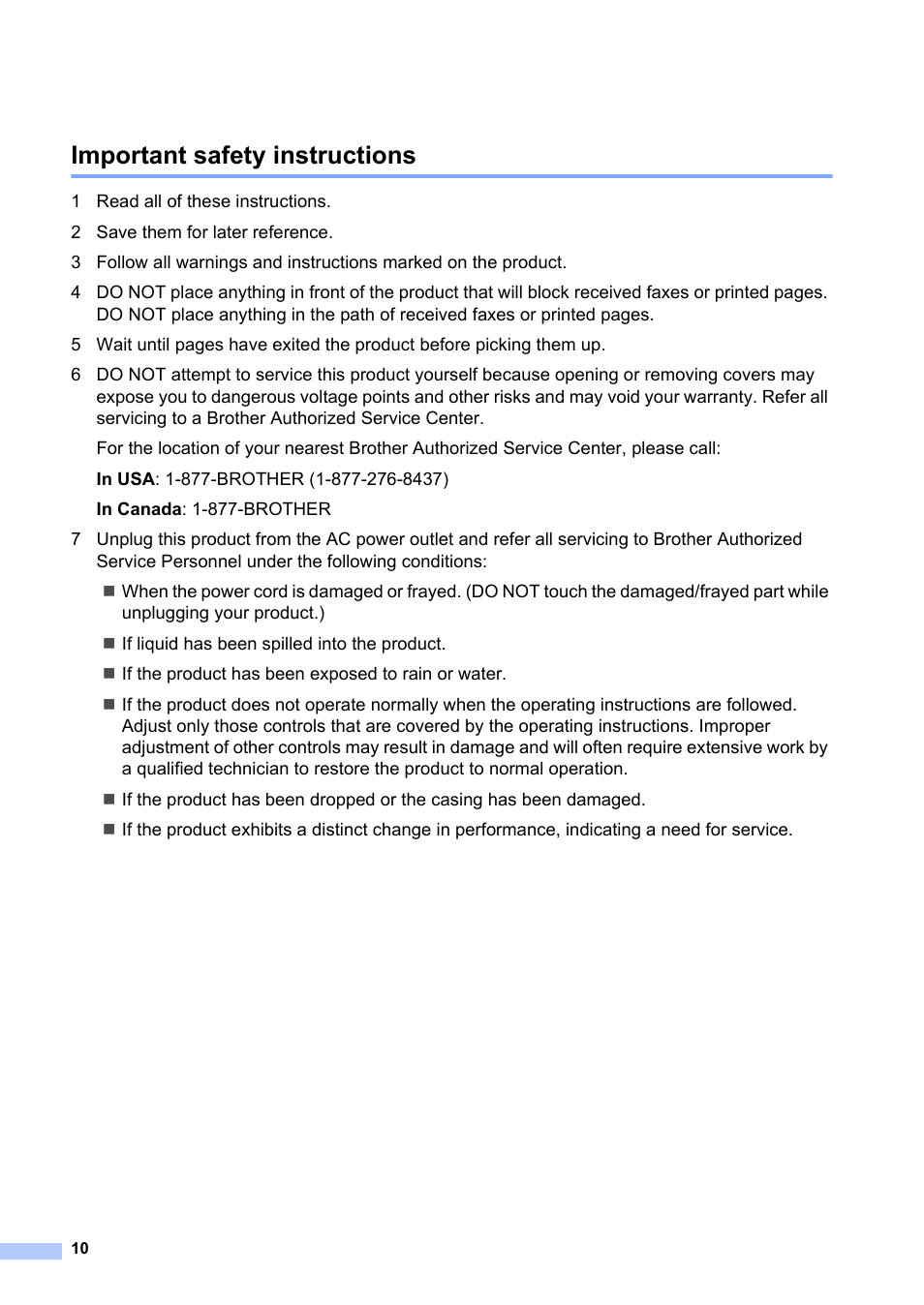 Important safety instructions | Brother MFC-7240 User Manual | Page 10 / 20