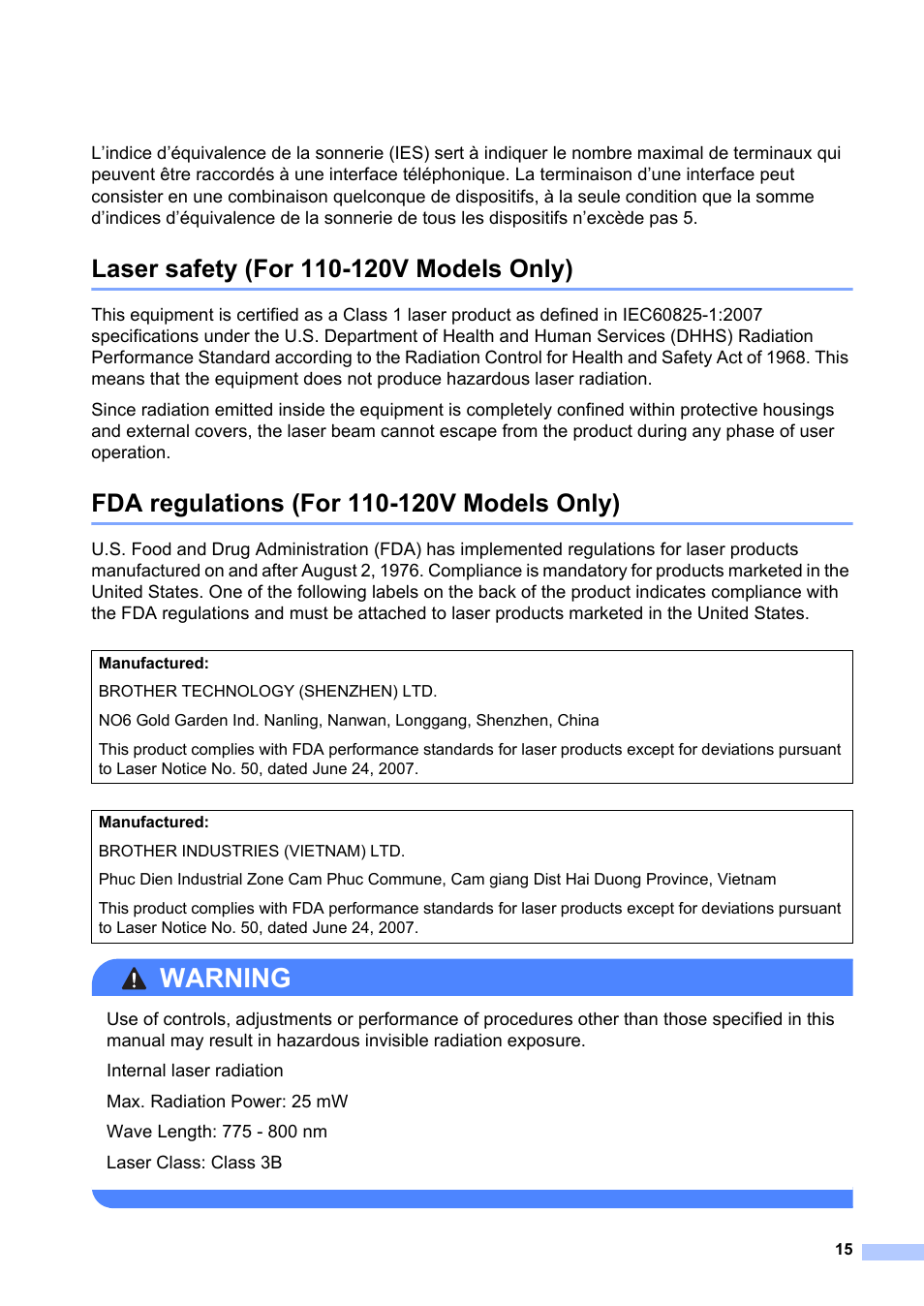 Laser safety (for 110-120v models only), Fda regulations (for 110-120v models only), Warning | Brother MFC-7240 User Manual | Page 15 / 20