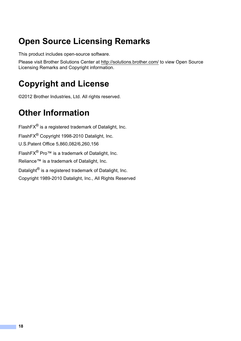 Open source licensing remarks, Copyright and license, Other information | Brother MFC-7240 User Manual | Page 18 / 20