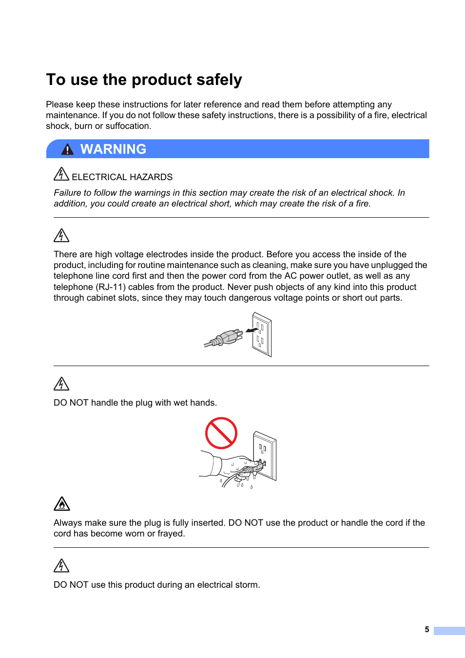 To use the product safely, Warning, Do not handle the plug with wet hands | Do not use this product during an electrical storm | Brother MFC-7240 User Manual | Page 5 / 20