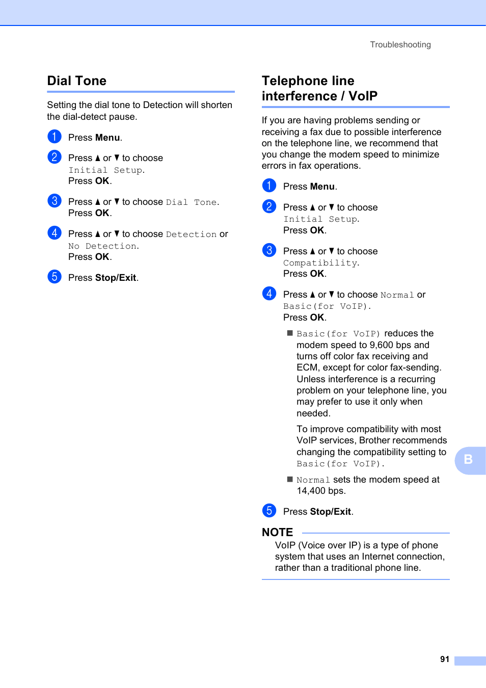 Dial tone, Telephone line interference / voip, Dial tone telephone line interference / voip | Bdial tone | Brother MFC-J450DW User Manual | Page 105 / 143