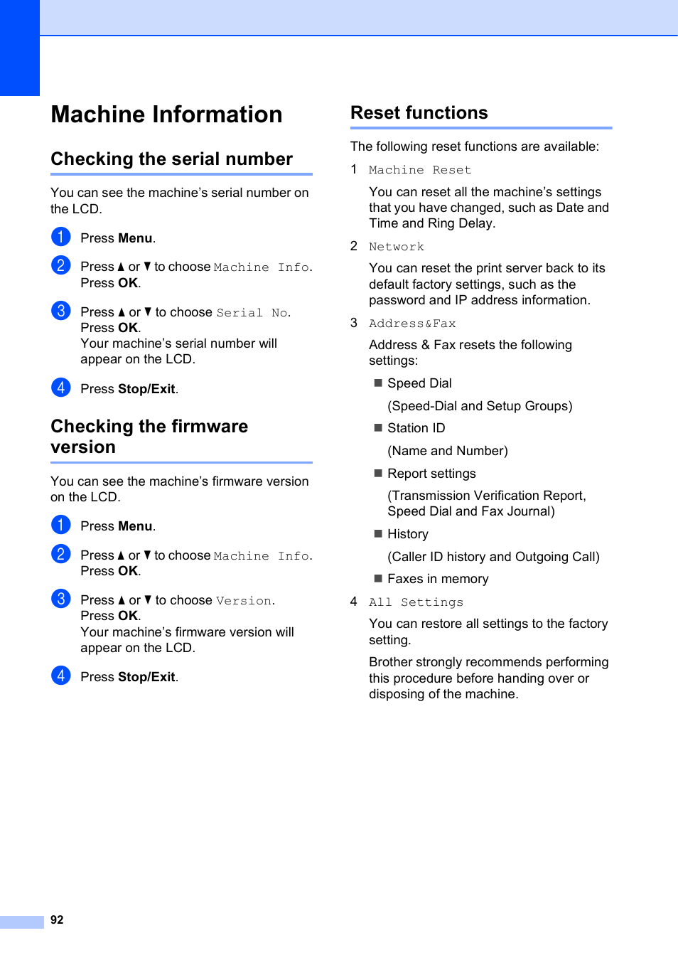 Machine information, Checking the serial number, Checking the firmware version | Reset functions | Brother MFC-J450DW User Manual | Page 106 / 143