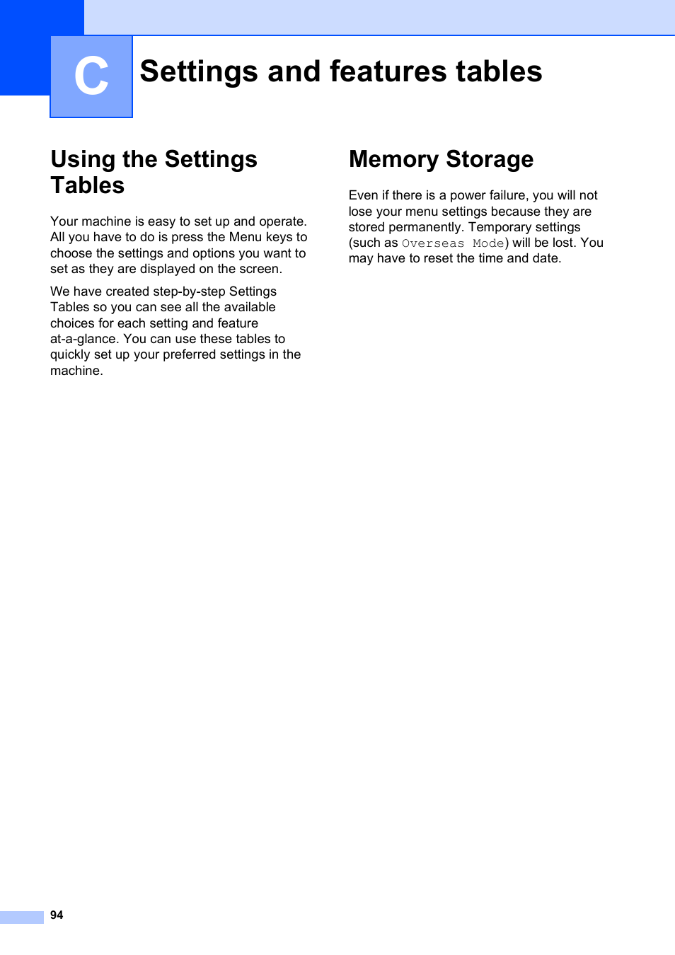 C settings and features tables, Using the settings tables, Memory storage | Settings and features tables, Using the settings tables memory storage | Brother MFC-J450DW User Manual | Page 108 / 143