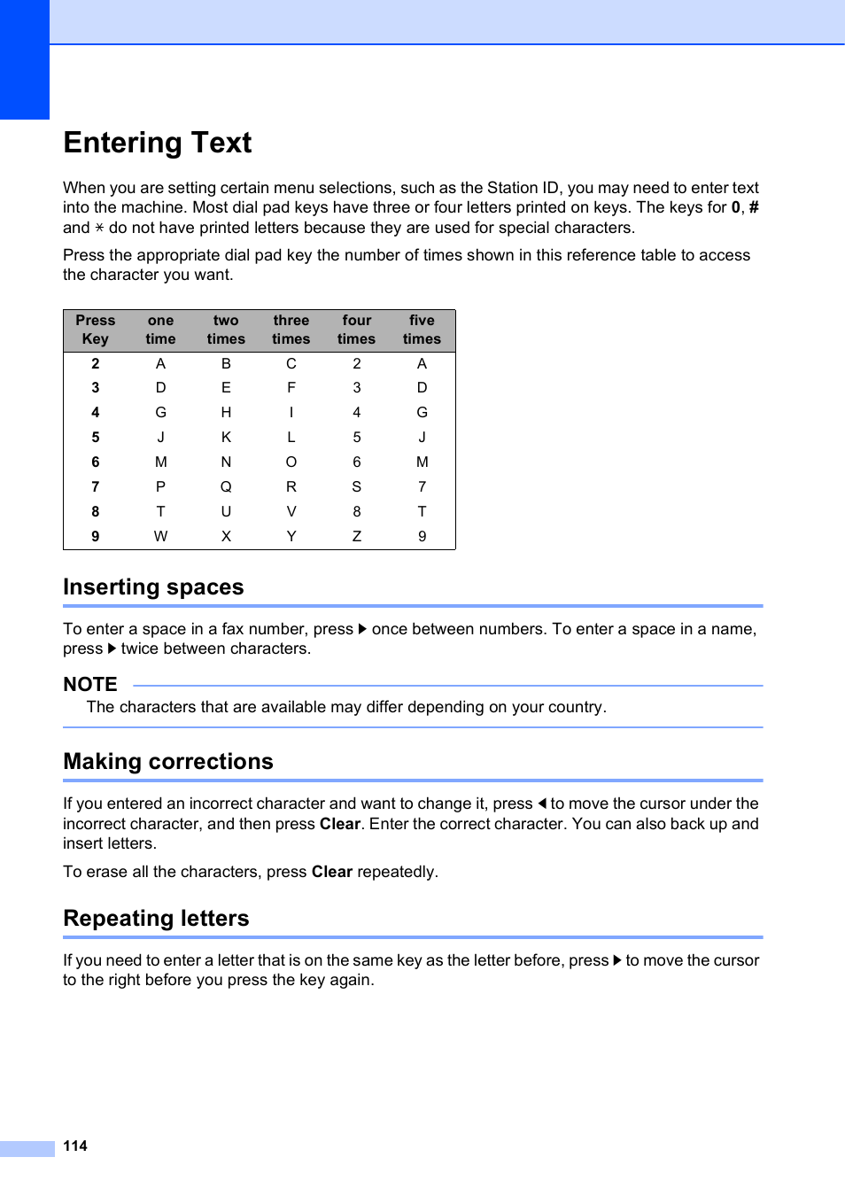 Entering text, Inserting spaces, Making corrections | Repeating letters | Brother MFC-J450DW User Manual | Page 128 / 143
