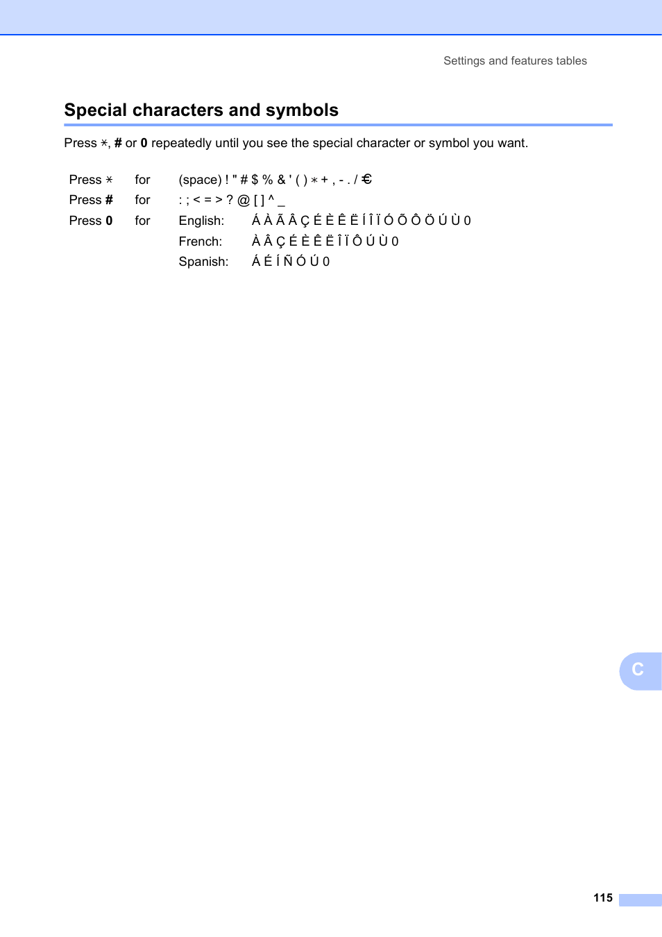 Special characters and symbols, Cspecial characters and symbols | Brother MFC-J450DW User Manual | Page 129 / 143