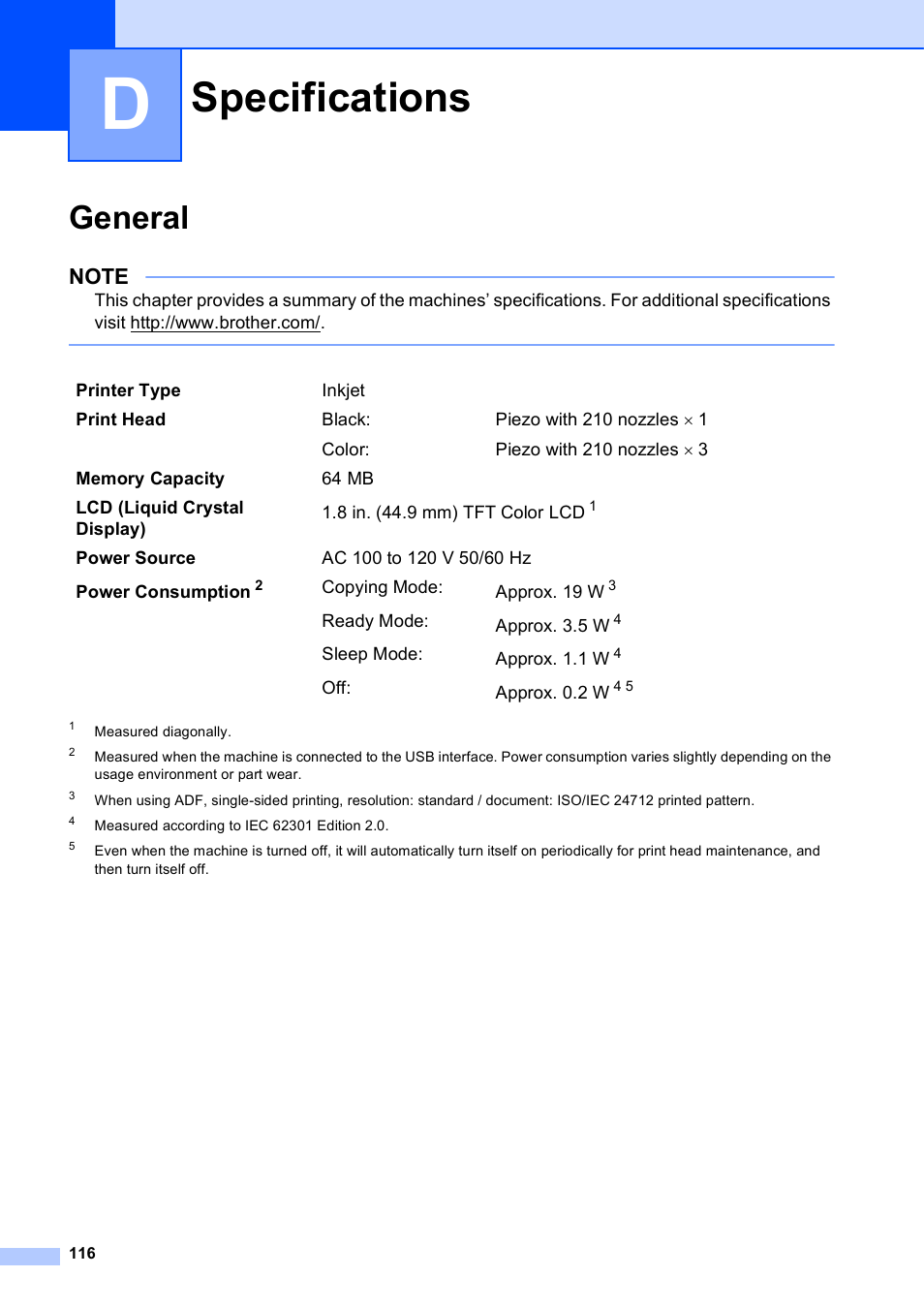 D specifications, General, Specifications | Brother MFC-J450DW User Manual | Page 130 / 143