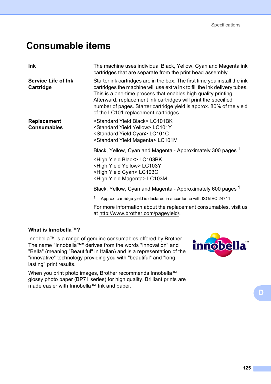 Consumable items | Brother MFC-J450DW User Manual | Page 139 / 143