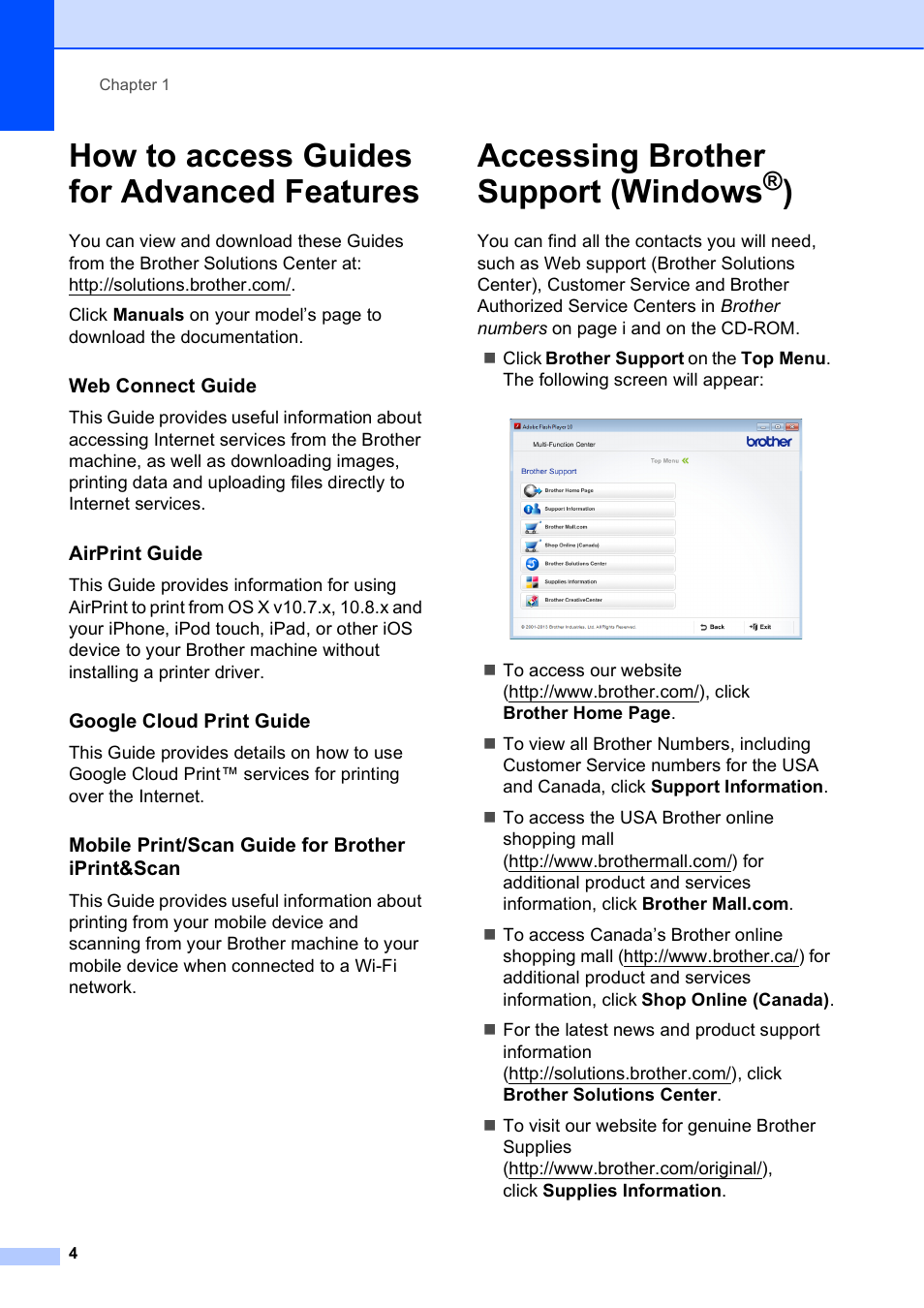 How to access guides for advanced features, Accessing brother support (windows®), Accessing brother support (windows | Brother MFC-J450DW User Manual | Page 18 / 143