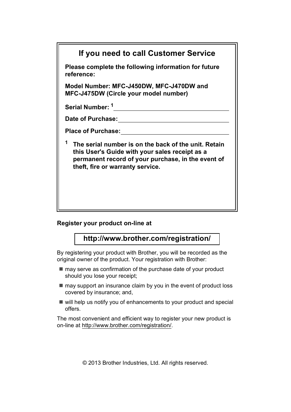 If you need to call customer service | Brother MFC-J450DW User Manual | Page 2 / 143