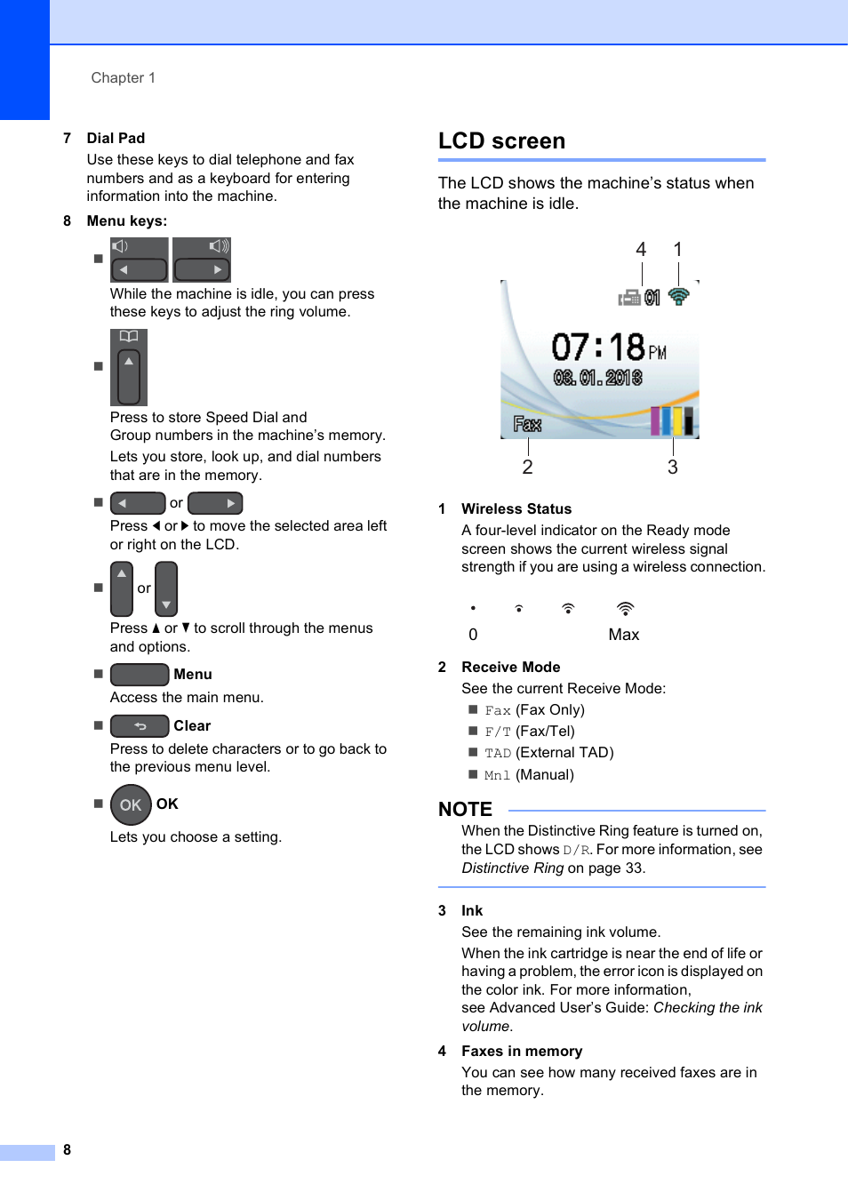 Lcd screen | Brother MFC-J450DW User Manual | Page 22 / 143