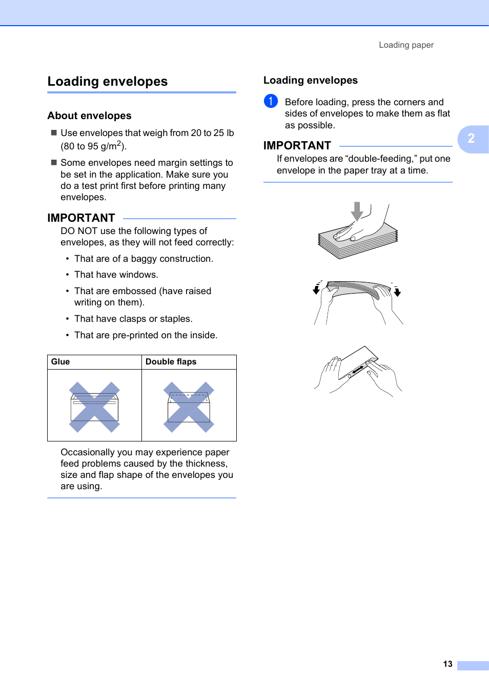 Loading envelopes, About envelopes, 2loading envelopes | Important | Brother MFC-J450DW User Manual | Page 27 / 143