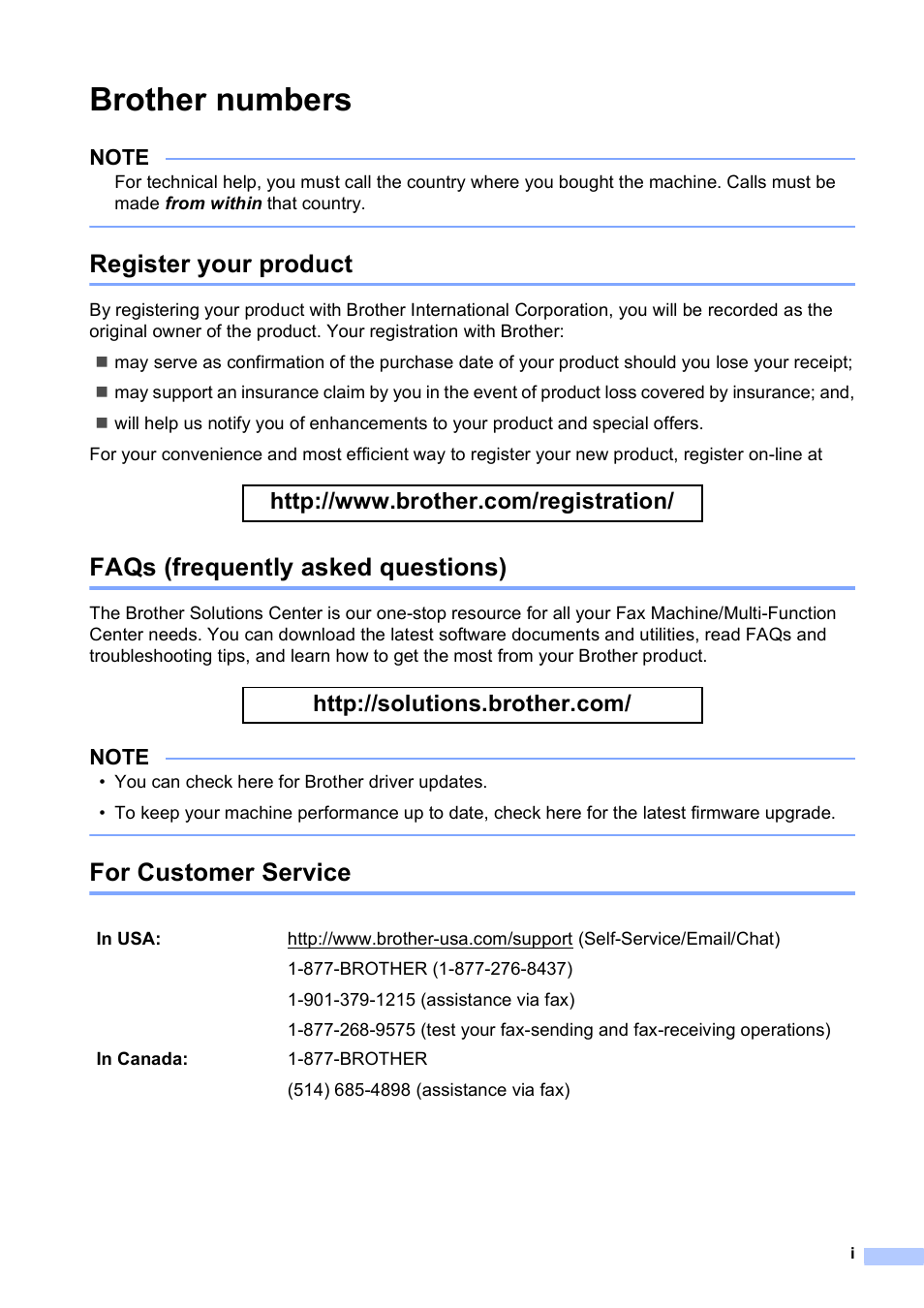 Brother numbers, Register your product, Faqs (frequently asked questions) | For customer service | Brother MFC-J450DW User Manual | Page 3 / 143