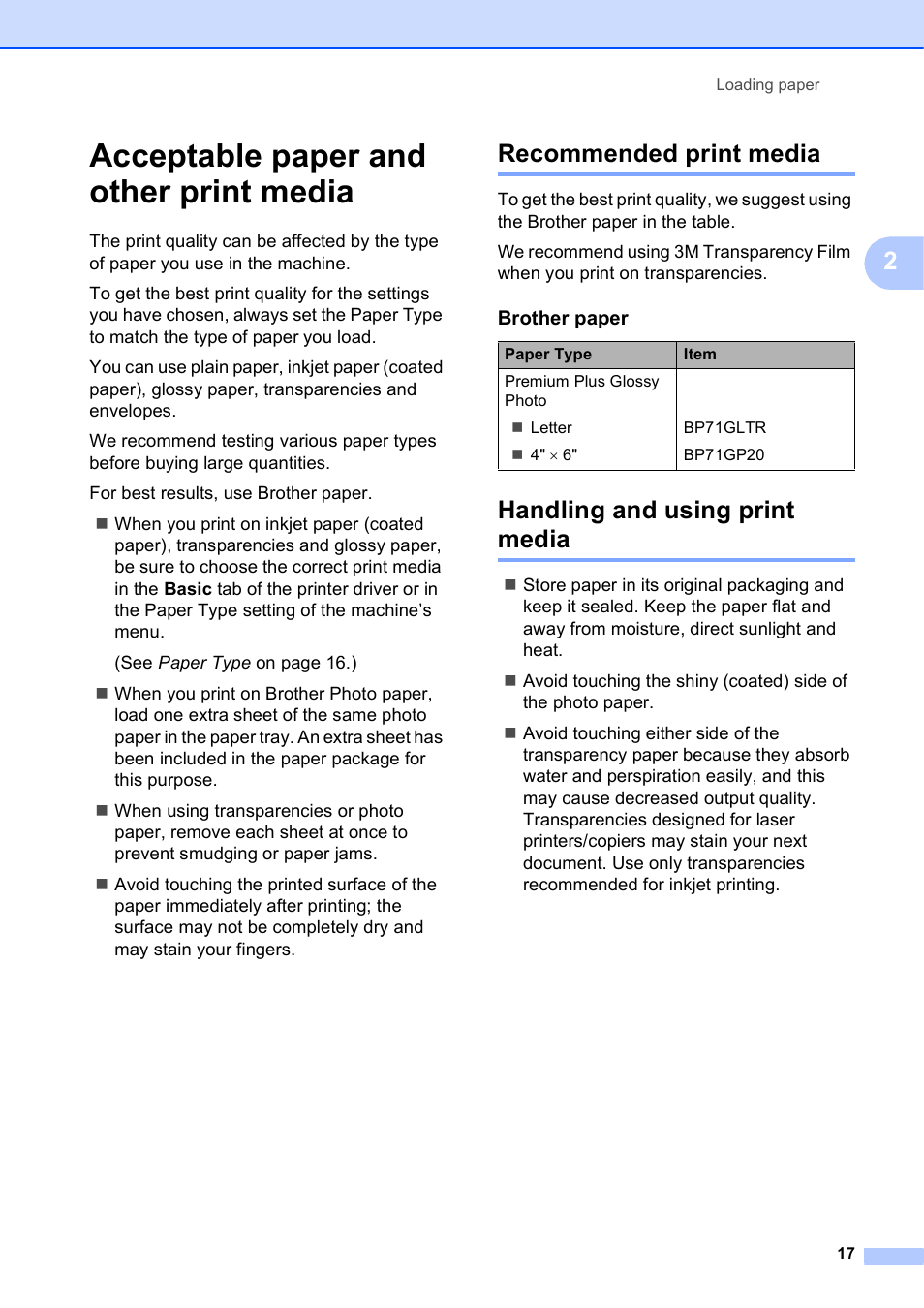 Acceptable paper and other print media, Recommended print media, Handling and using print media | Brother MFC-J450DW User Manual | Page 31 / 143
