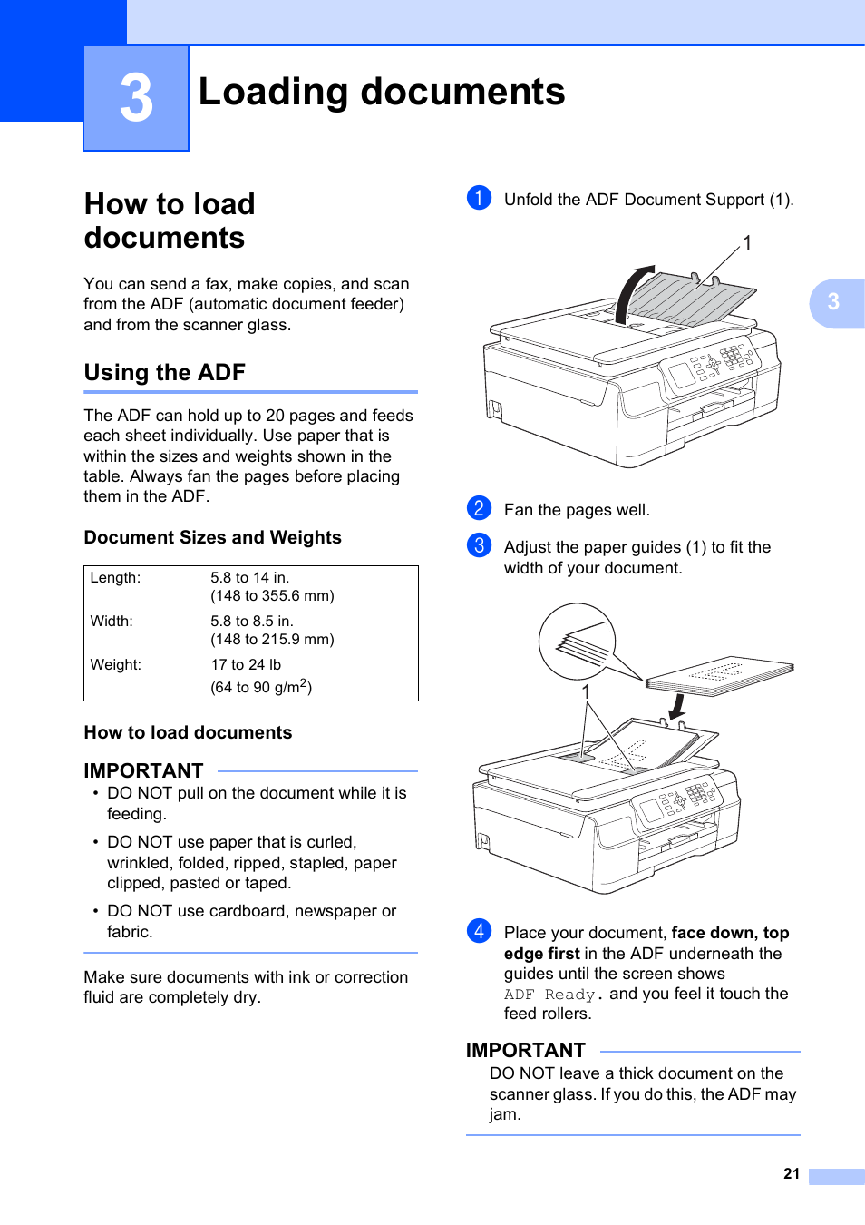 3 loading documents, How to load documents, Using the adf | Document sizes and weights, Loading documents | Brother MFC-J450DW User Manual | Page 35 / 143