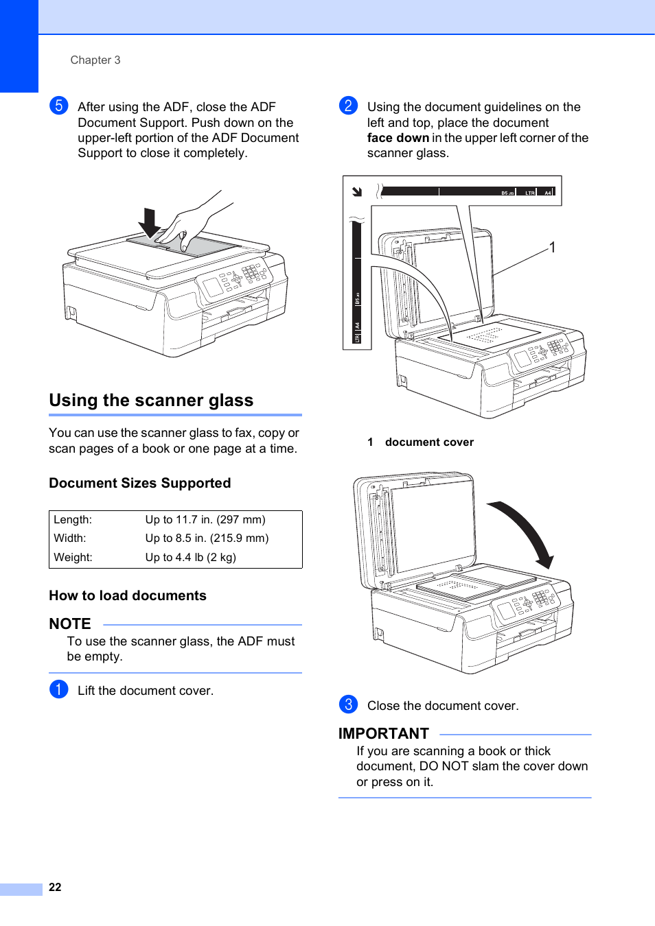 Using the scanner glass, Document sizes supported, How to load documents | Important | Brother MFC-J450DW User Manual | Page 36 / 143