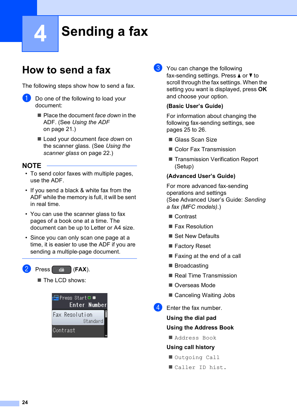 4 sending a fax, How to send a fax, Sending a fax | Brother MFC-J450DW User Manual | Page 38 / 143