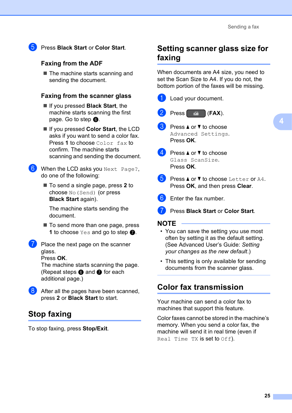 Stop faxing, Setting scanner glass size for faxing, Color fax transmission | 25 t | Brother MFC-J450DW User Manual | Page 39 / 143