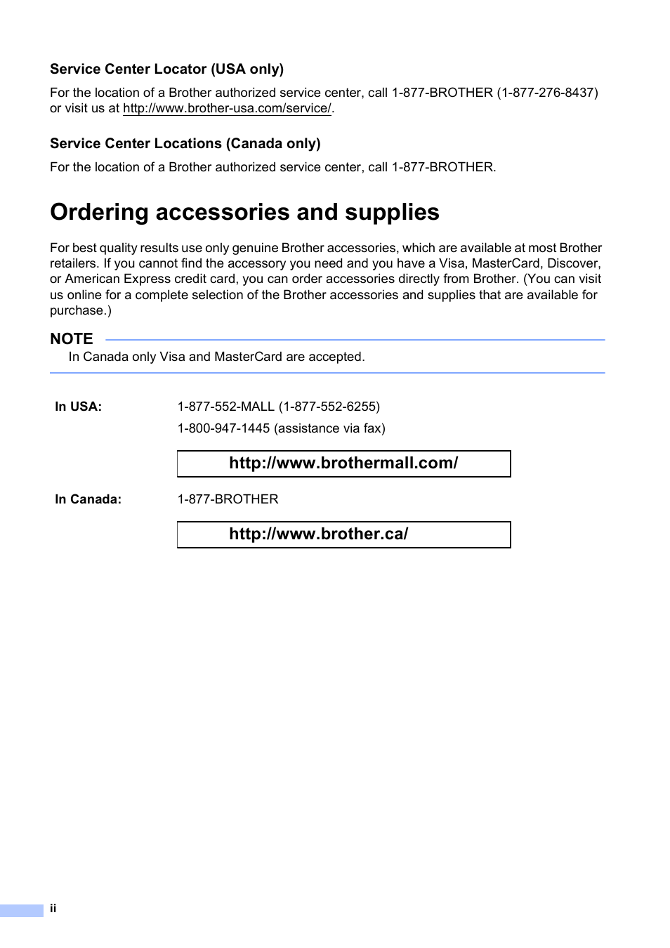 Ordering accessories and supplies, Service center locator (usa only), Service center locations (canada only) | Brother MFC-J450DW User Manual | Page 4 / 143