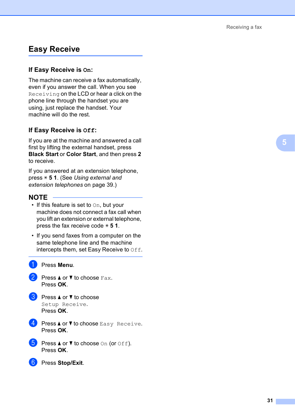 Easy receive, If easy receive is on, If easy receive is off | 5easy receive | Brother MFC-J450DW User Manual | Page 45 / 143