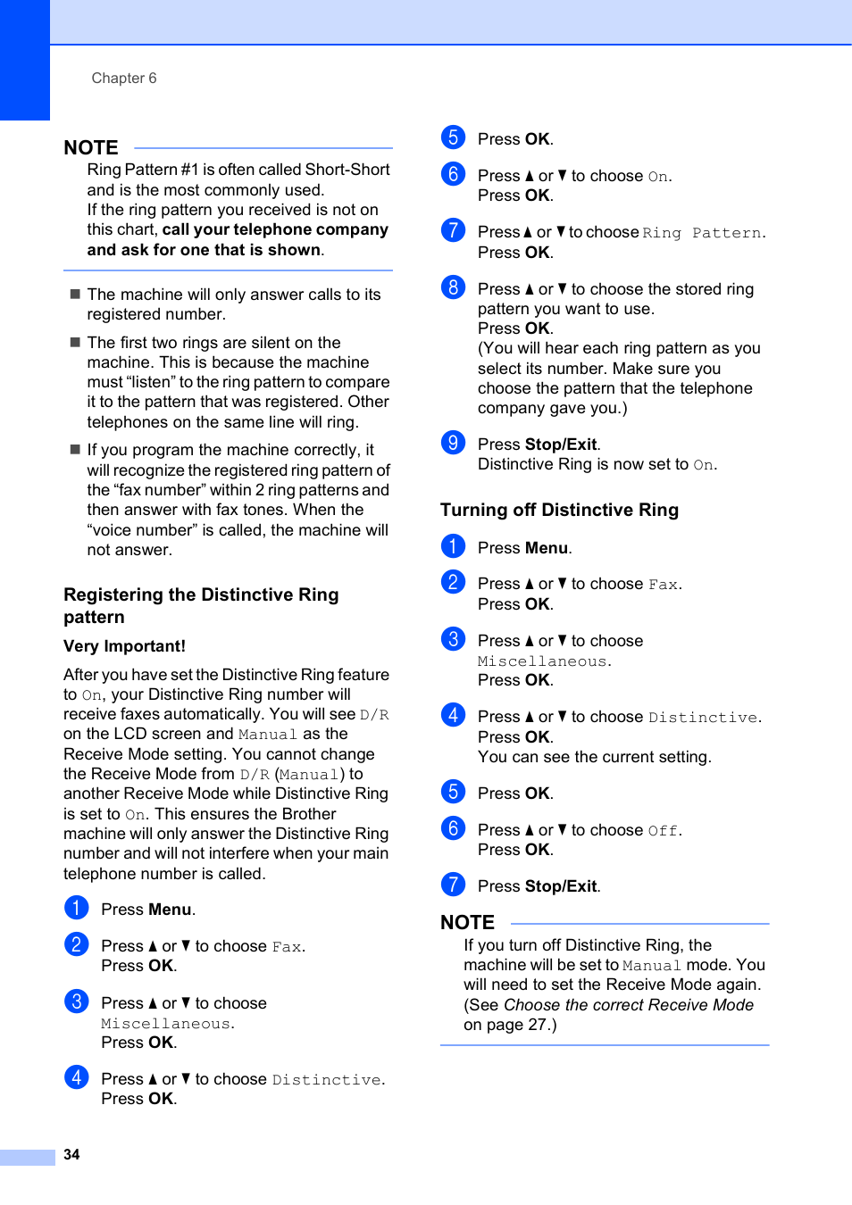 Registering the distinctive ring pattern, Turning off distinctive ring | Brother MFC-J450DW User Manual | Page 48 / 143