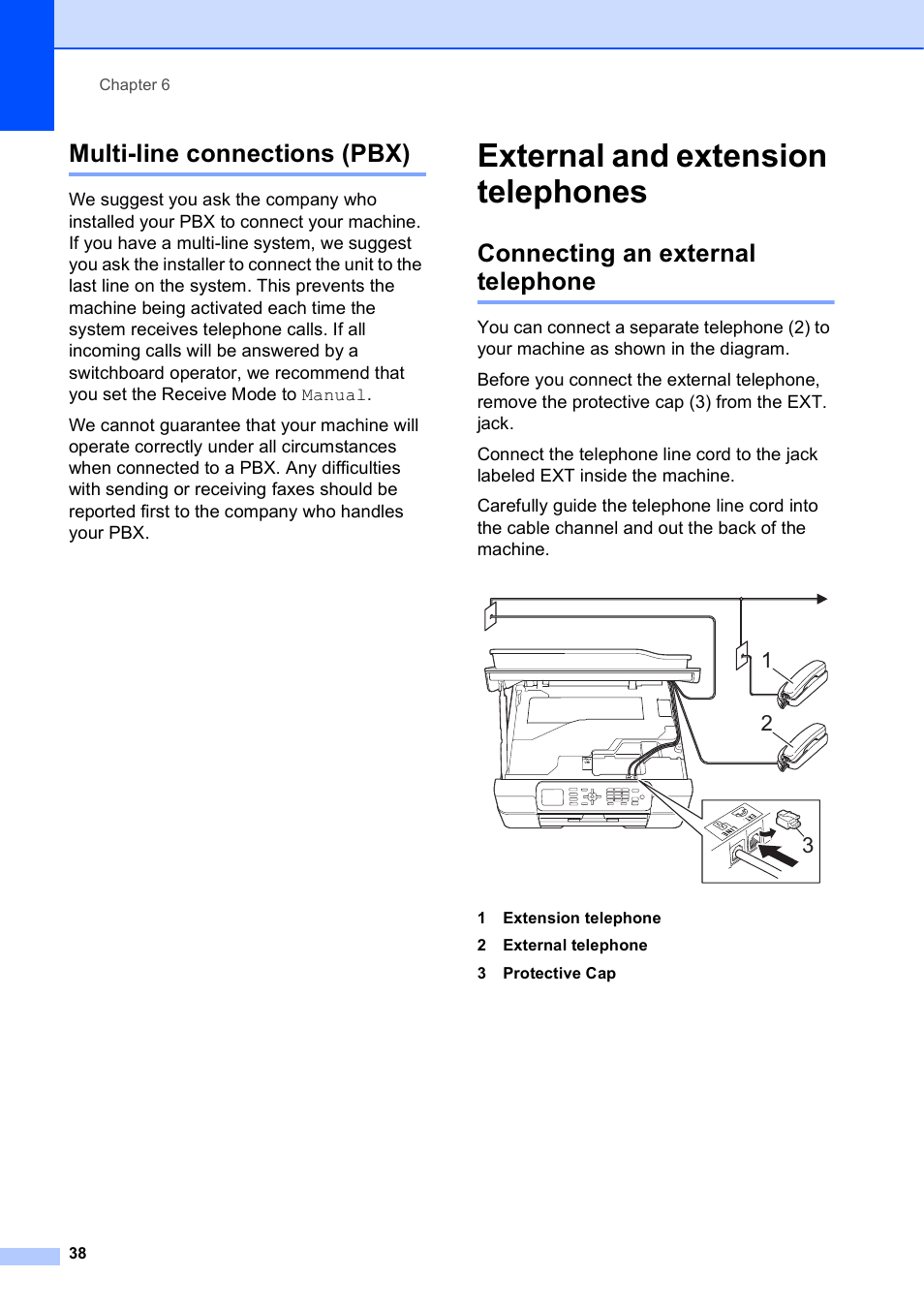 Multi-line connections (pbx), External and extension telephones, Connecting an external telephone | Brother MFC-J450DW User Manual | Page 52 / 143