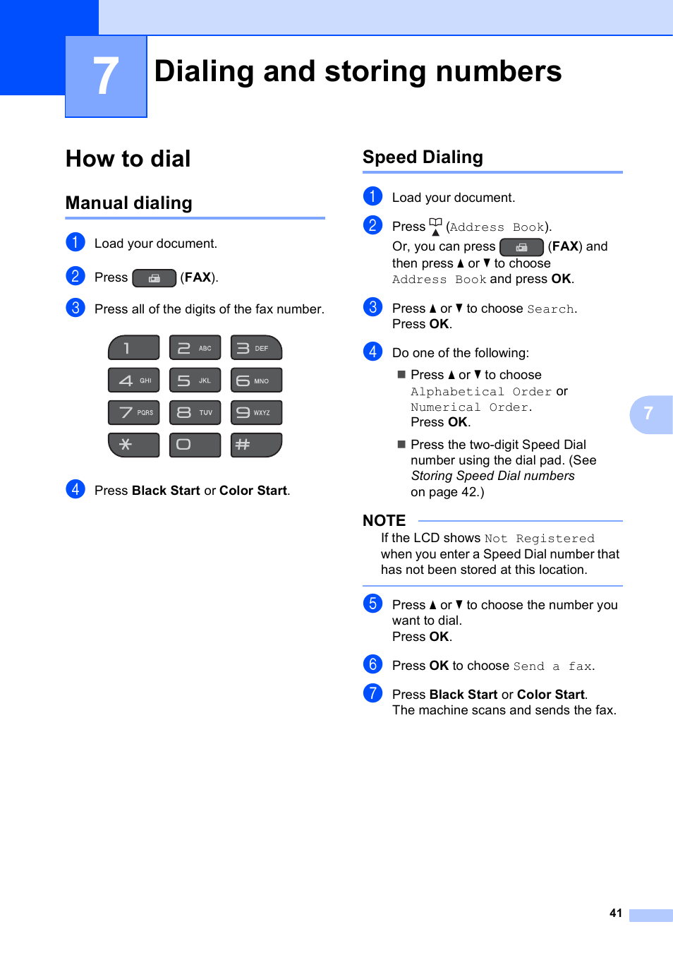 7 dialing and storing numbers, How to dial, Manual dialing | Speed dialing, Dialing and storing numbers, Manual dialing speed dialing | Brother MFC-J450DW User Manual | Page 55 / 143