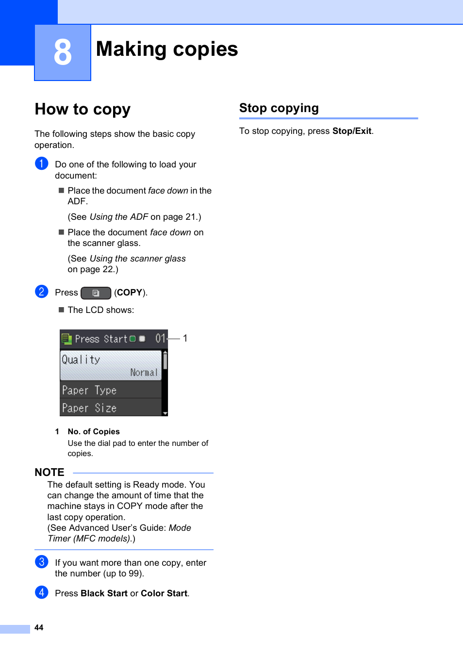 8 making copies, How to copy, Stop copying | Making copies | Brother MFC-J450DW User Manual | Page 58 / 143