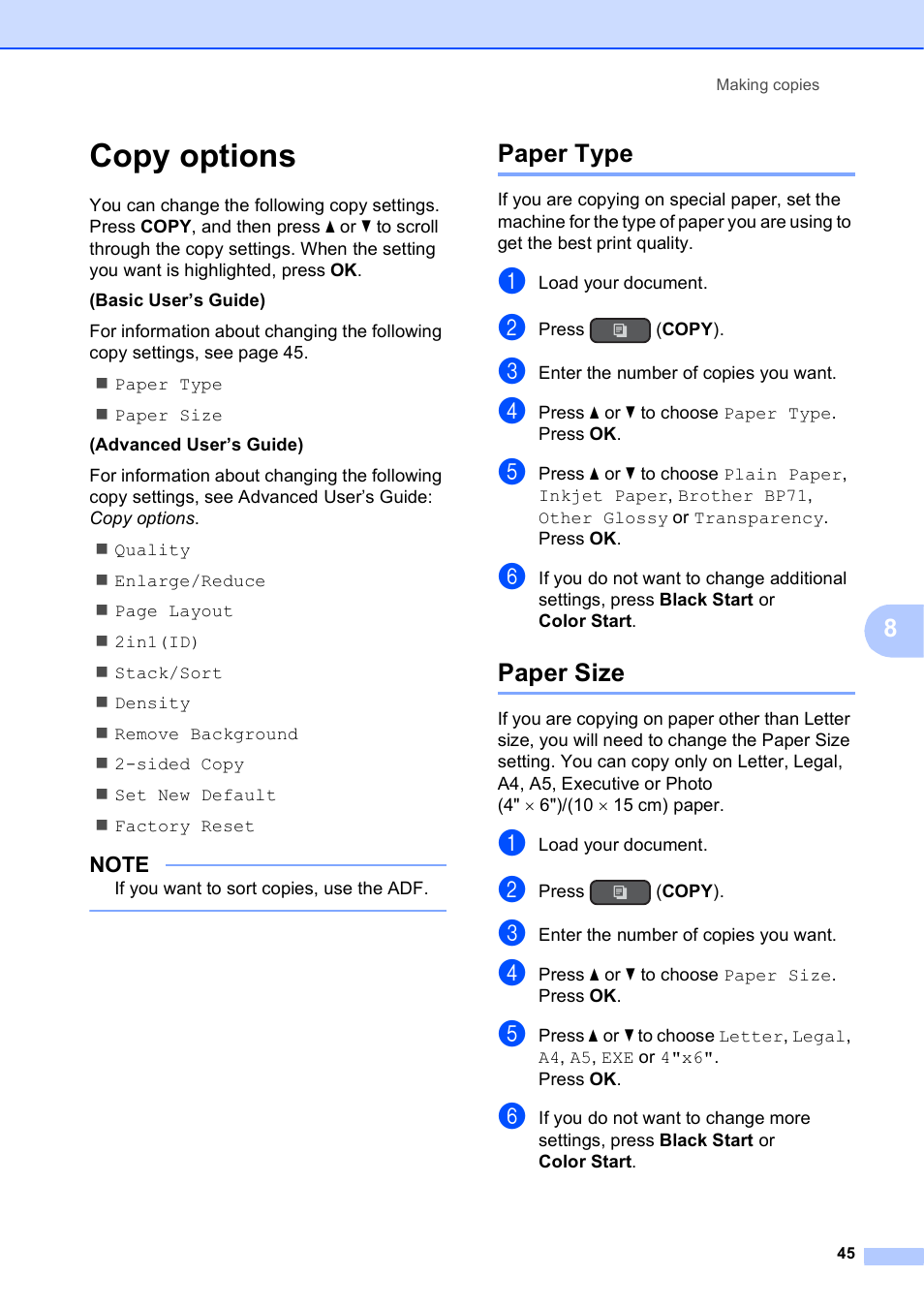 Copy options, Paper type, Paper size | Paper type paper size | Brother MFC-J450DW User Manual | Page 59 / 143