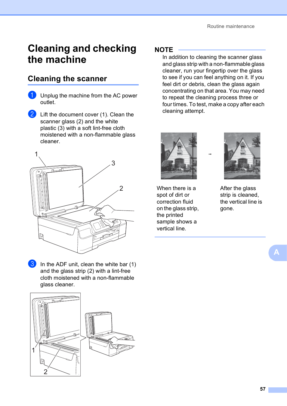 Cleaning and checking the machine, Cleaning the scanner | Brother MFC-J450DW User Manual | Page 71 / 143