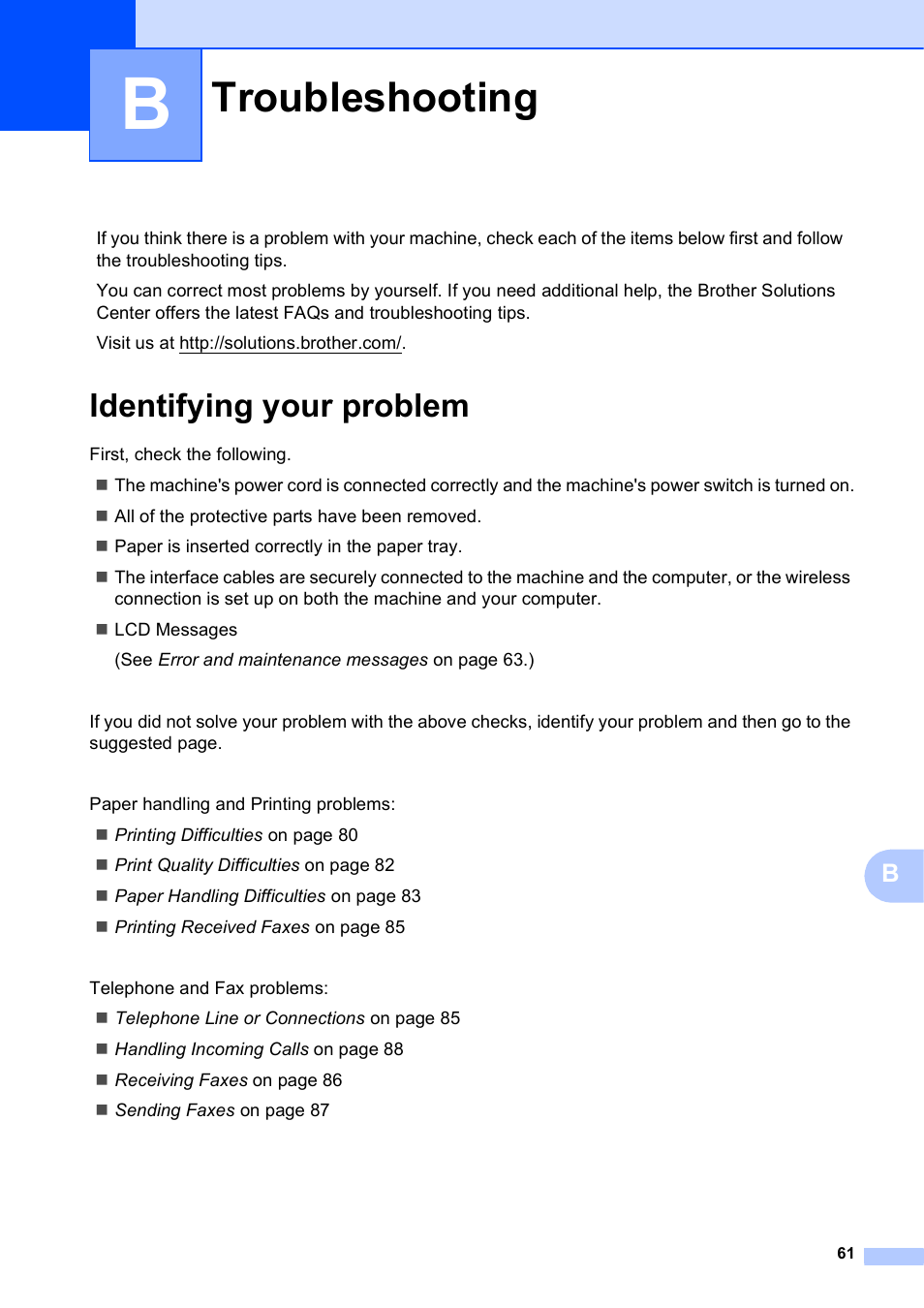 B troubleshooting, Identifying your problem, Troubleshooting | Brother MFC-J450DW User Manual | Page 75 / 143