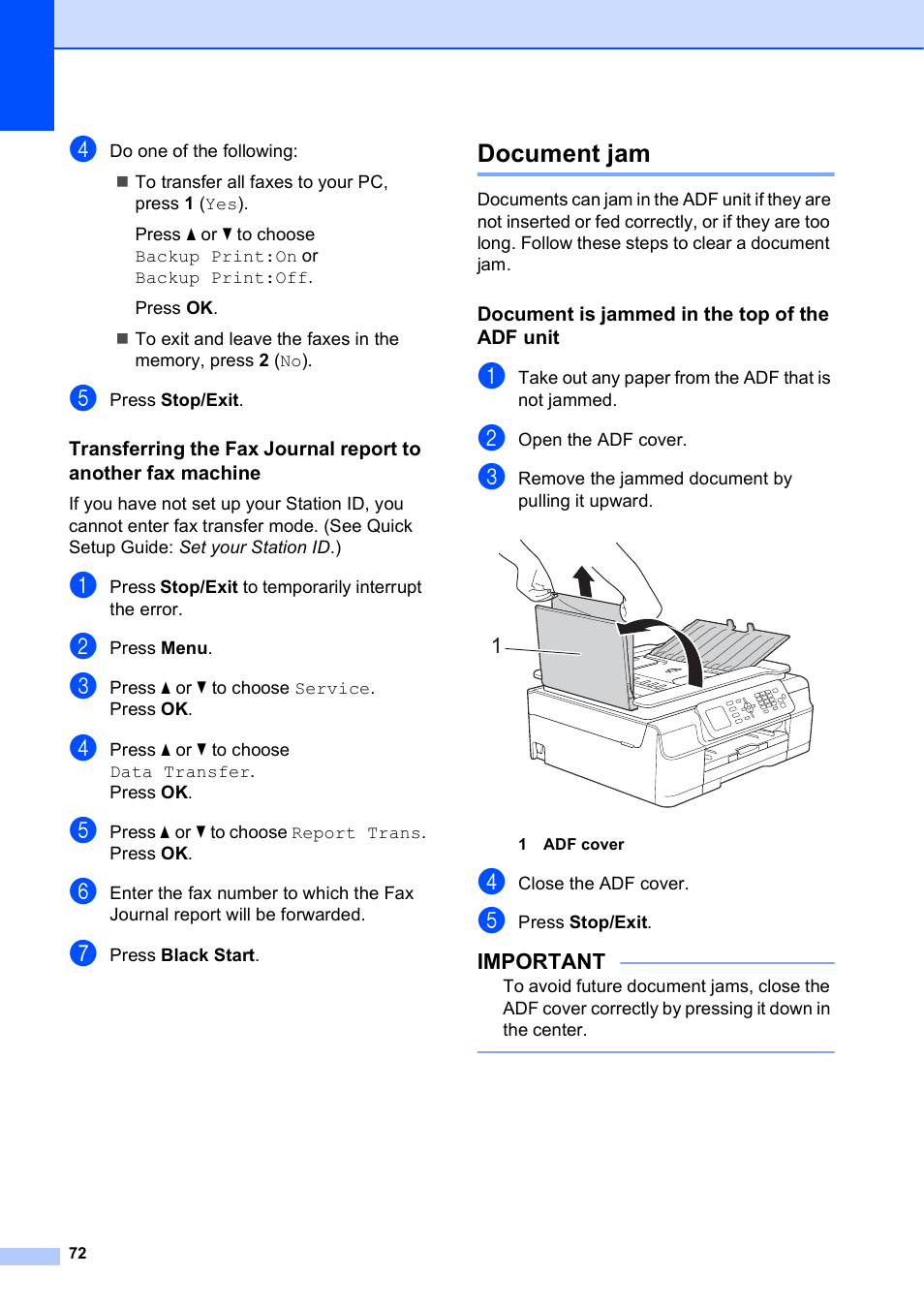 Document jam, Document is jammed in the top of the adf unit | Brother MFC-J450DW User Manual | Page 86 / 143