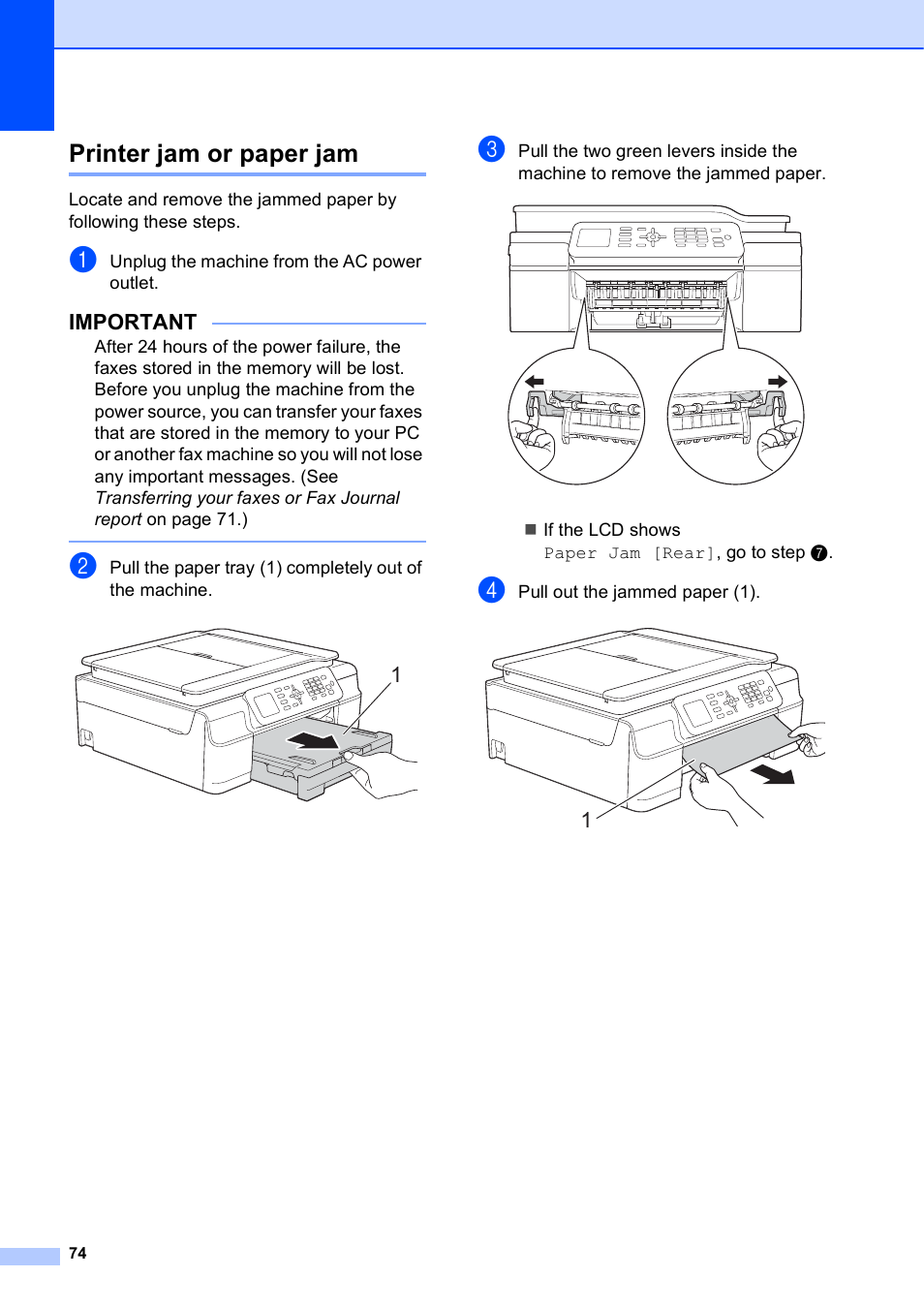 Printer jam or paper jam, Important | Brother MFC-J450DW User Manual | Page 88 / 143